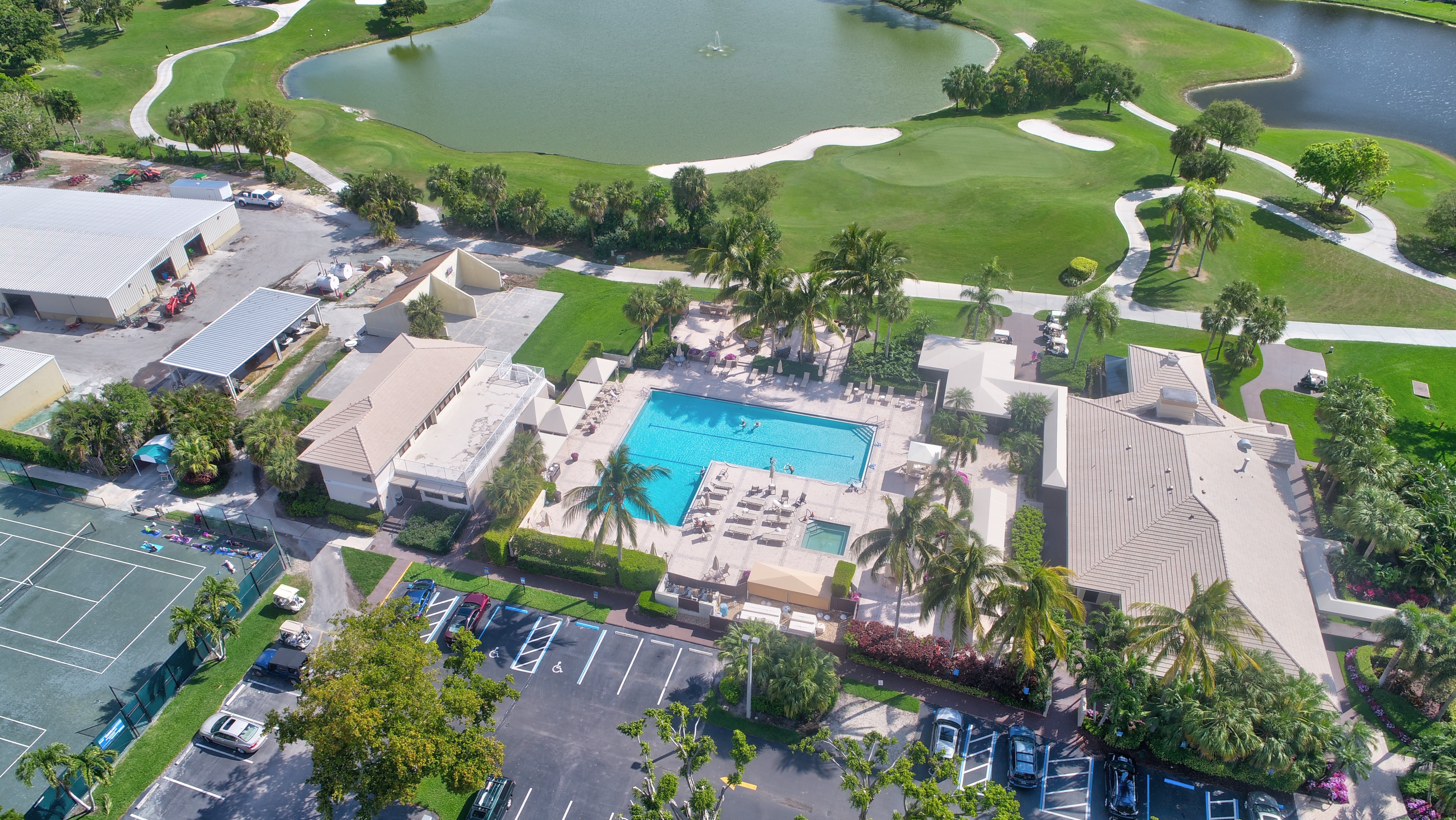 Aerial view of the Indian Spring clubhouse, pool, and golf course