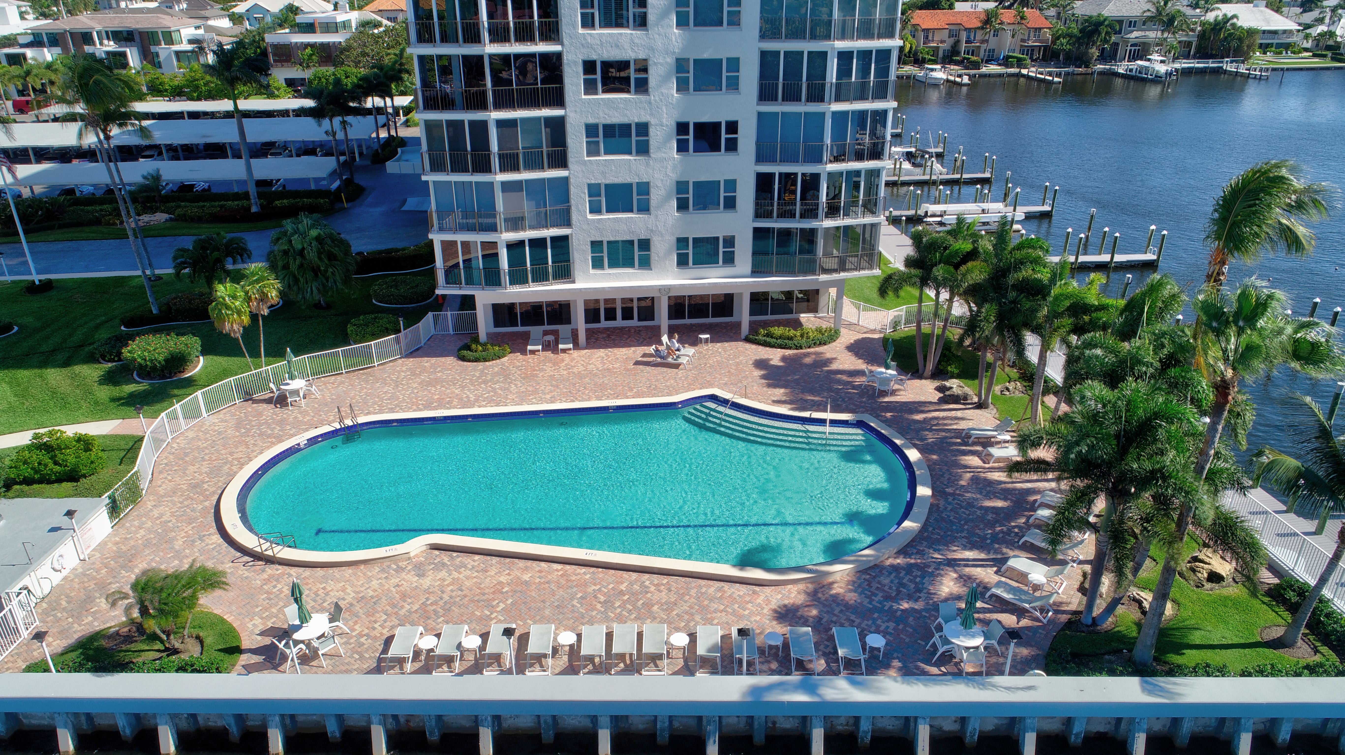 Aerial view of Seagate Towers and its waterfront pool