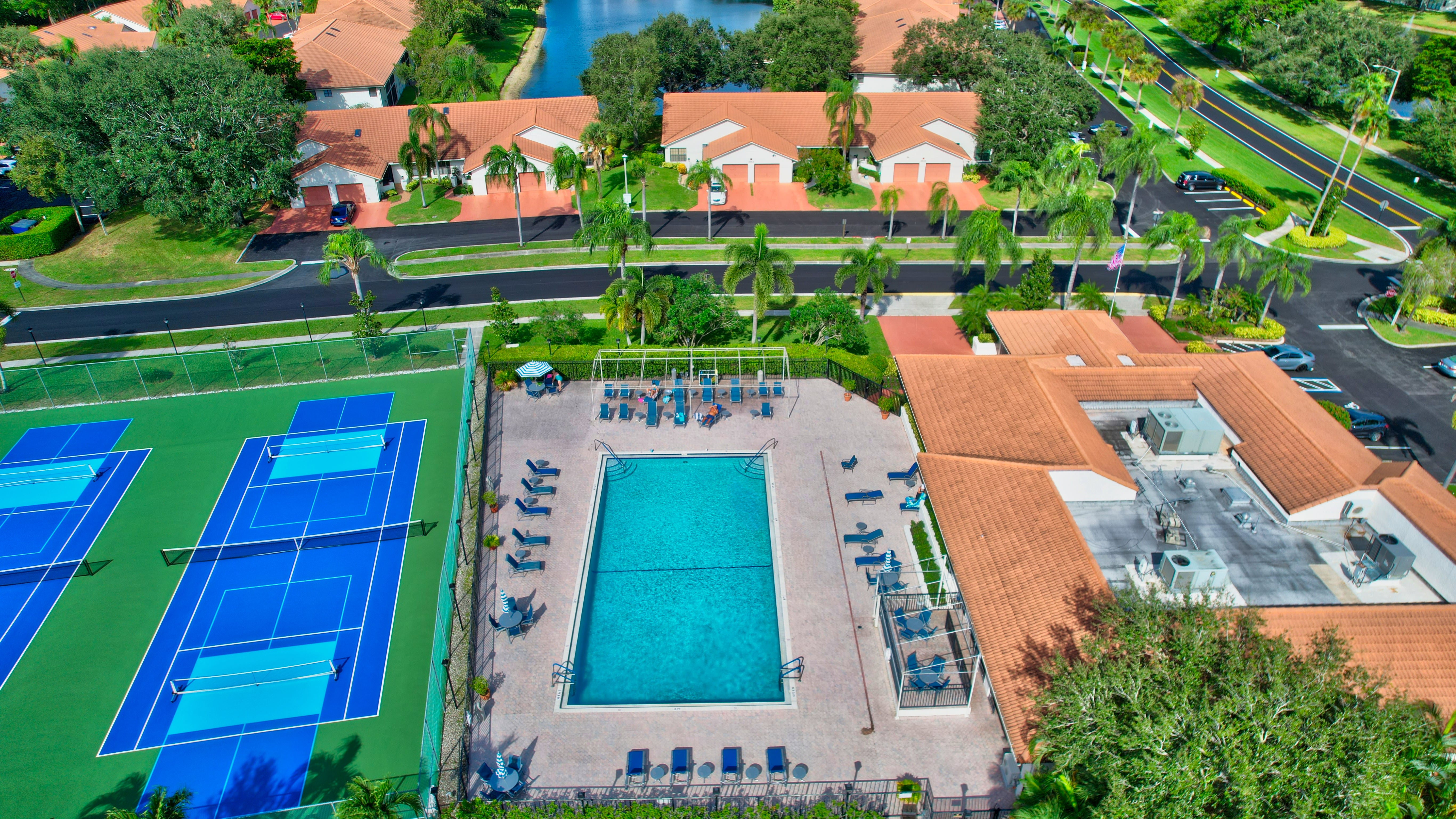 Aerial view of the Sun Valley East pool and courts