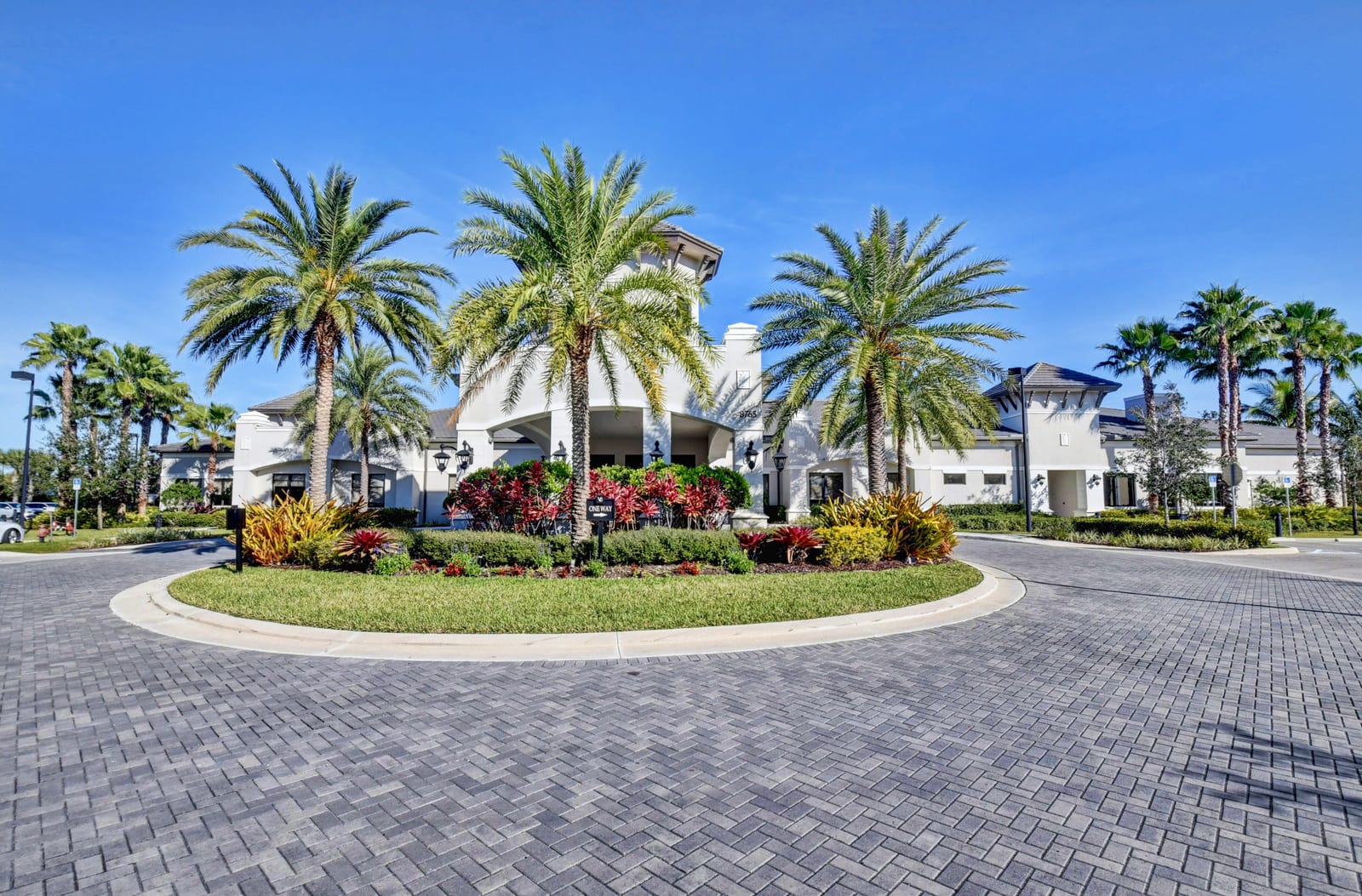 Palm-lined community arrival at Valencia Bay