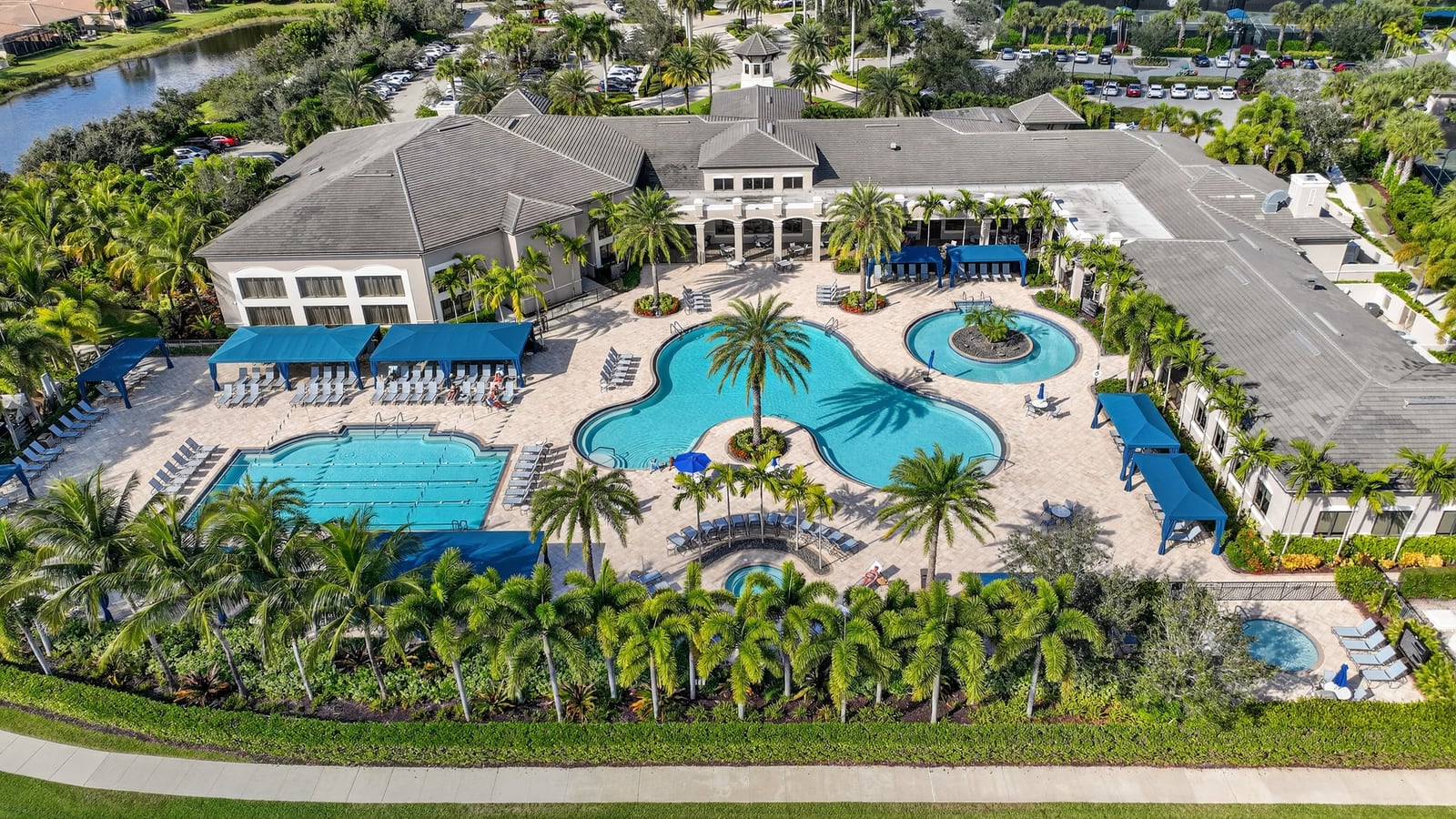 Aerial view of the Valencia Cove clubhouse and pool