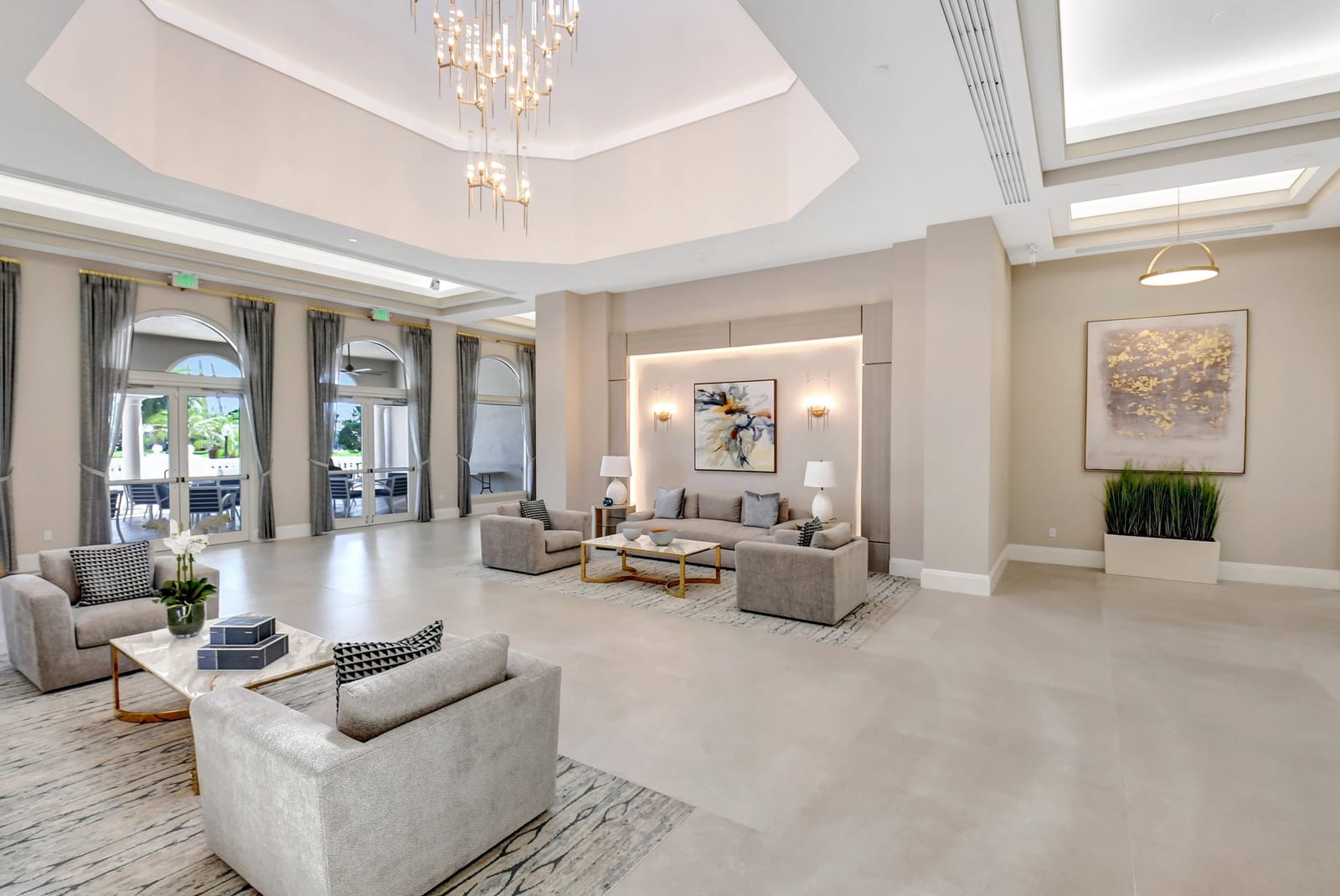 Lobby seating area inside a South Florida active-adult community clubhouse