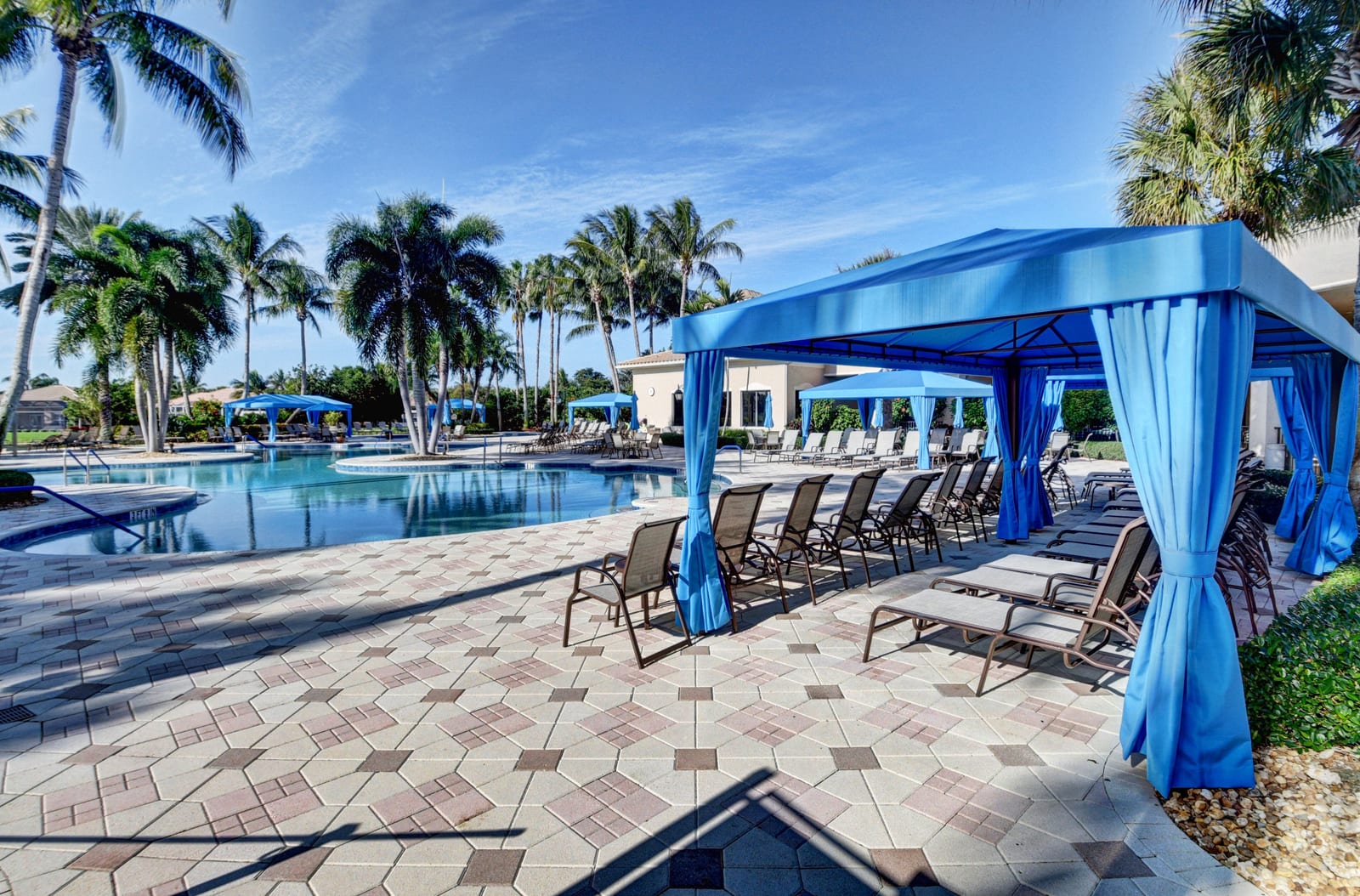 Poolside cabanas at Valencia Palms