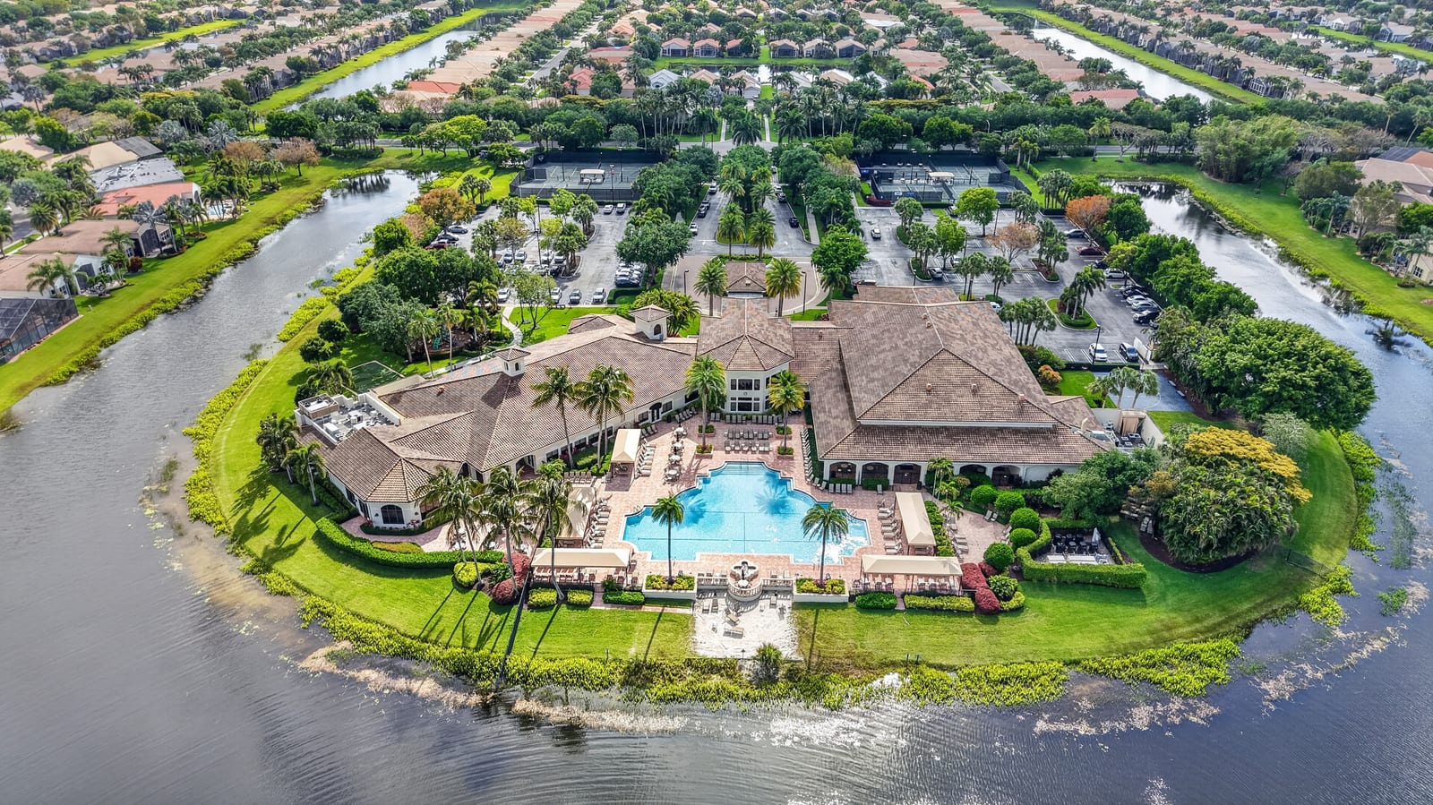 Aerial clubhouse and pool at Valencia Shores