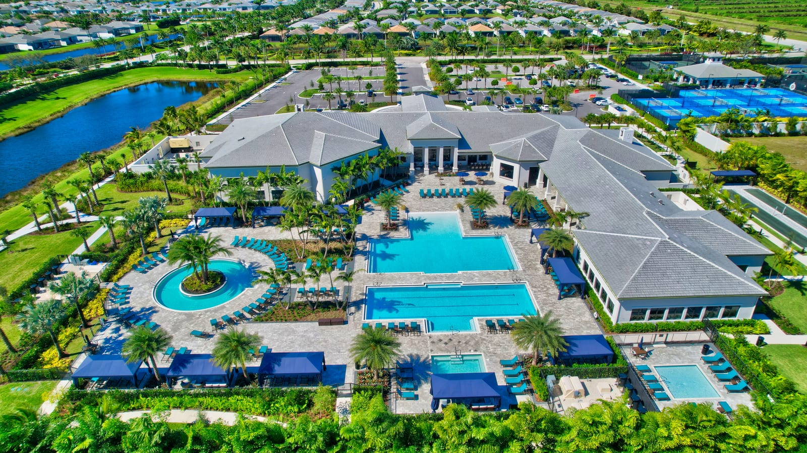 Aerial pool and clubhouse at Valencia Sound