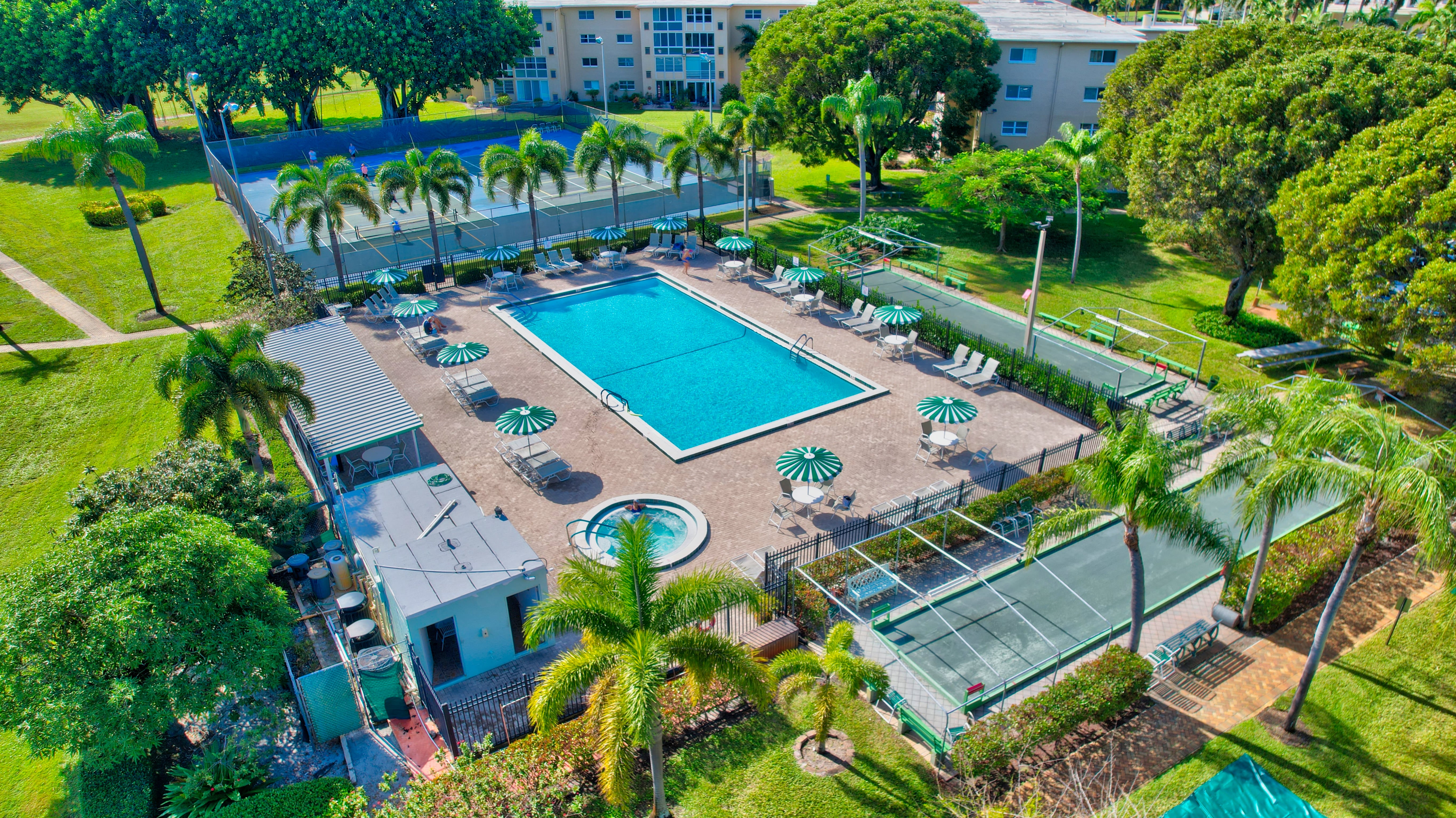 Aerial view of Village Royale on the Green pool and shared recreation