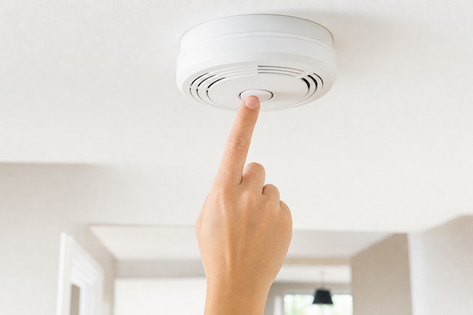 Hand pressing the test button on a smoke alarm