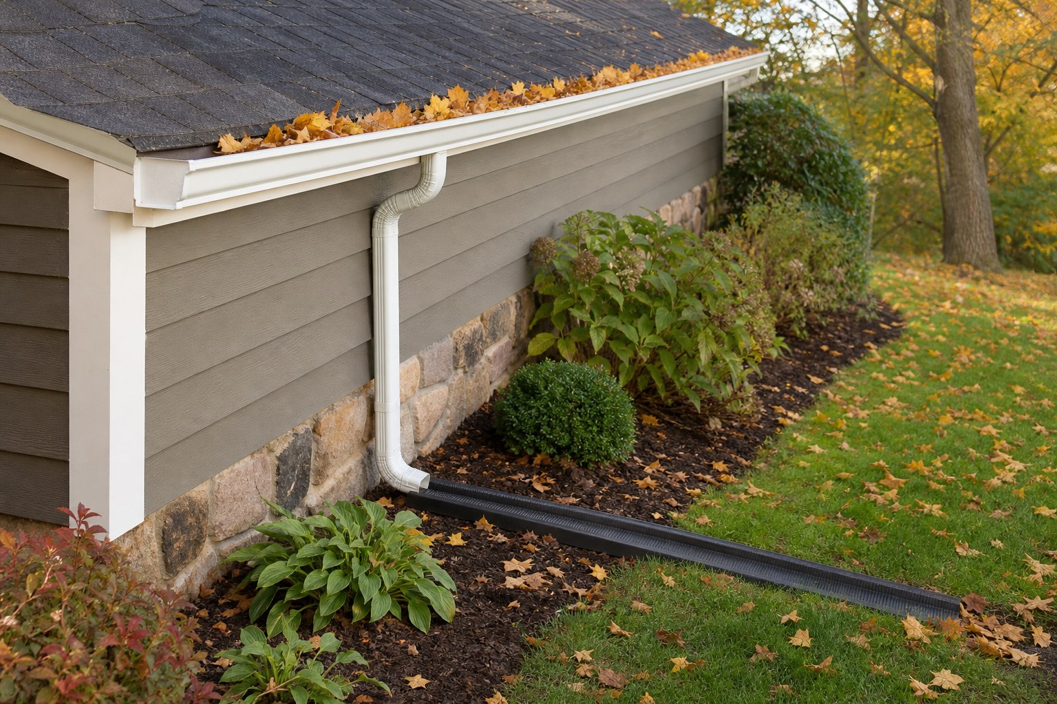 Autumn leaves in a house gutter above a downspout extending away from the foundation