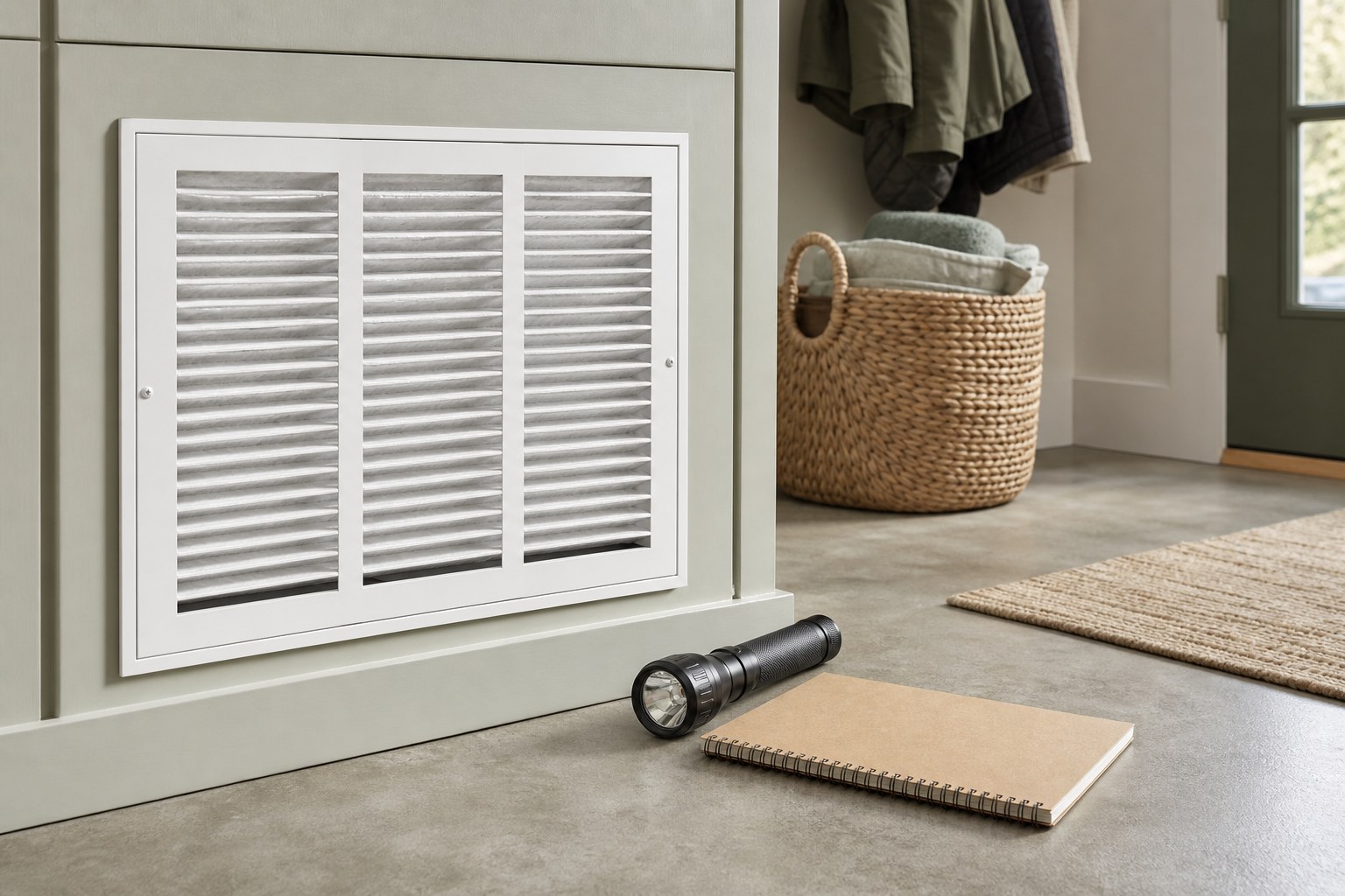 Home air return vent, flashlight, and notebook prepared for a seasonal heating check