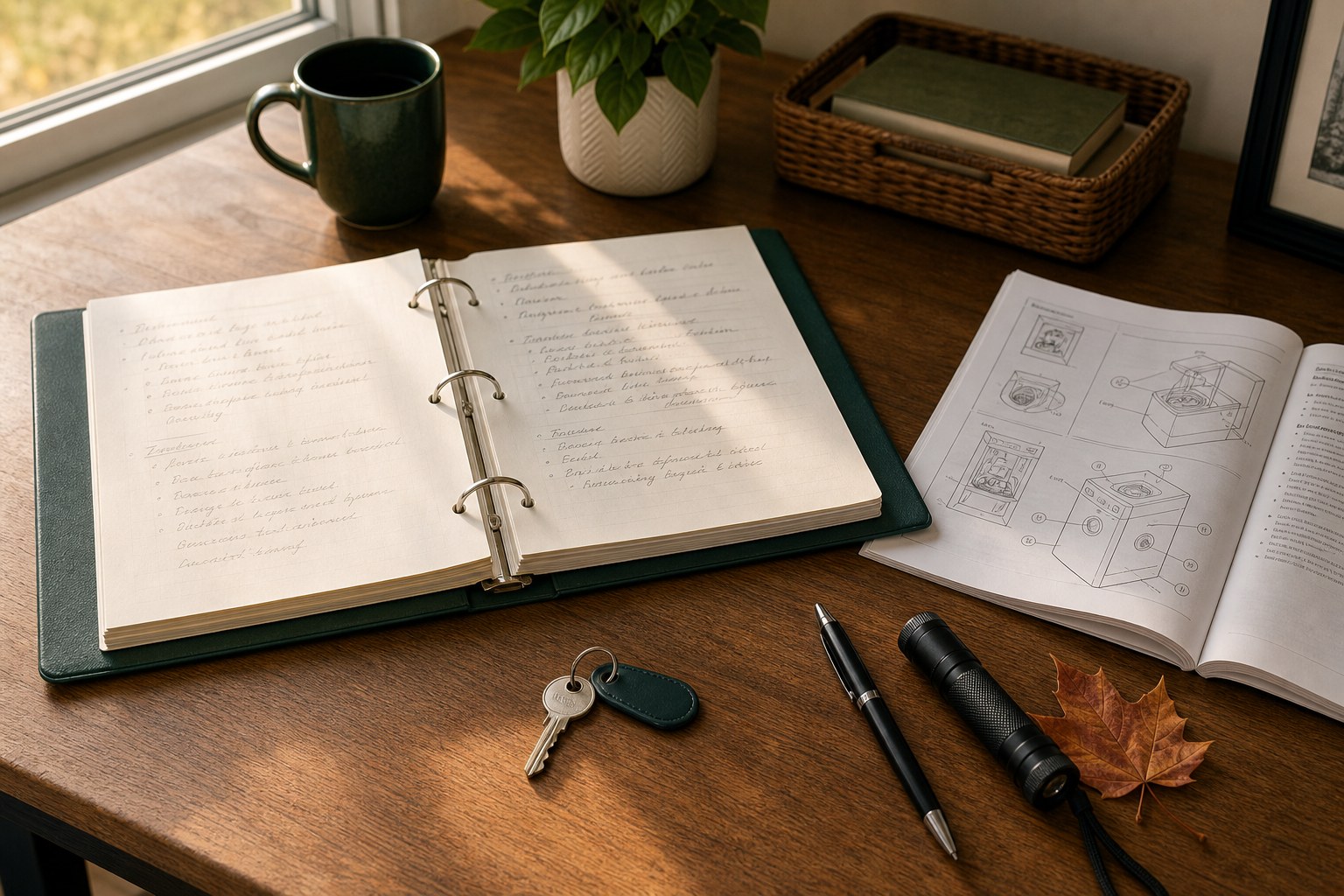 Home maintenance system pages, appliance manual, flashlight, key, and pen on a desk
