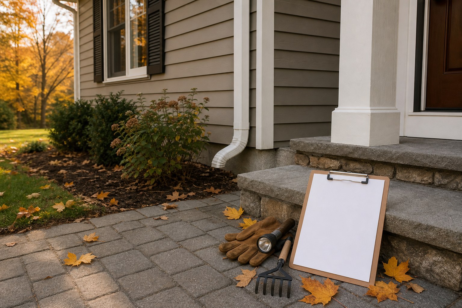 Fall home maintenance supplies beside a house downspout and front steps