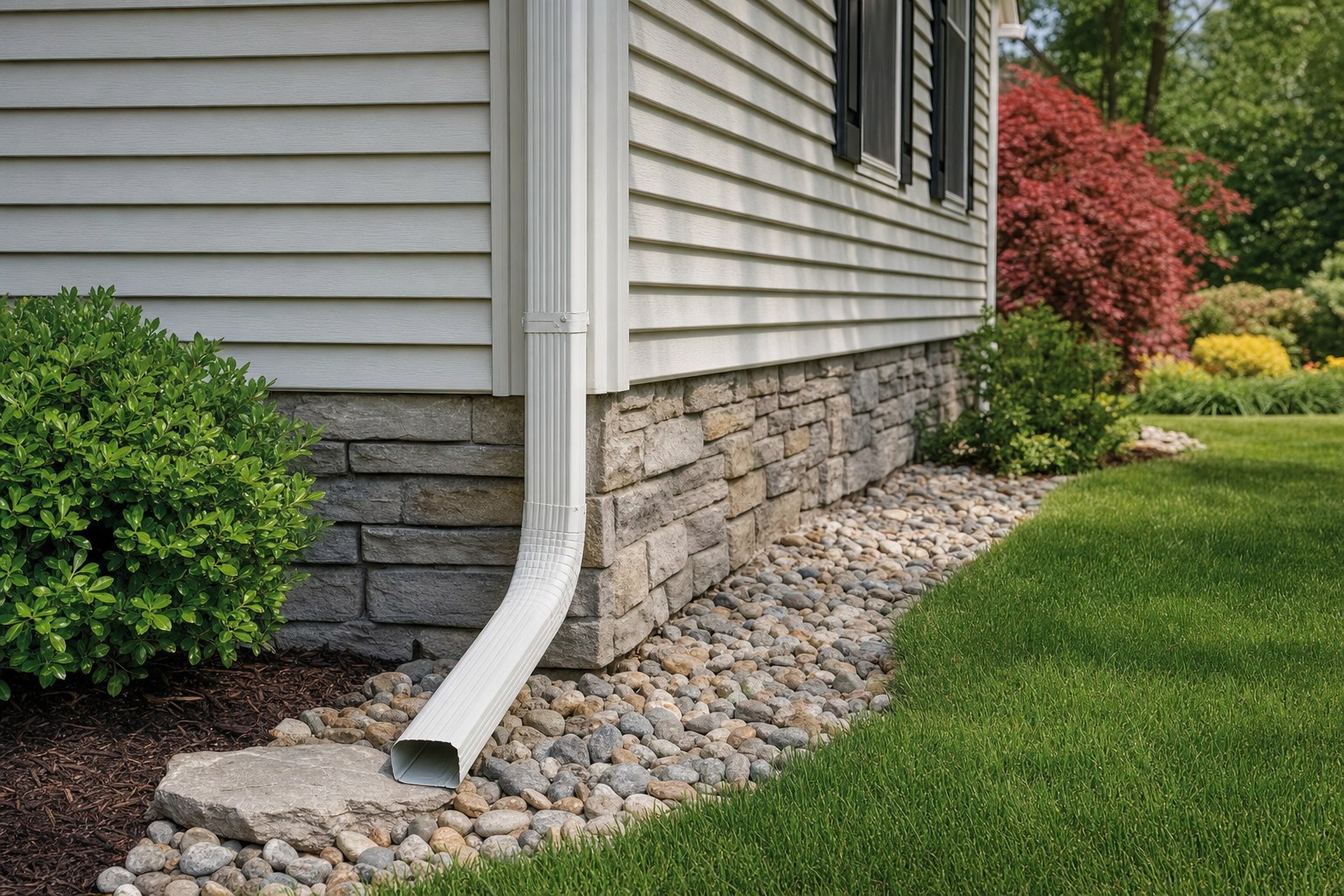 Downspout directing rainwater away from a house foundation