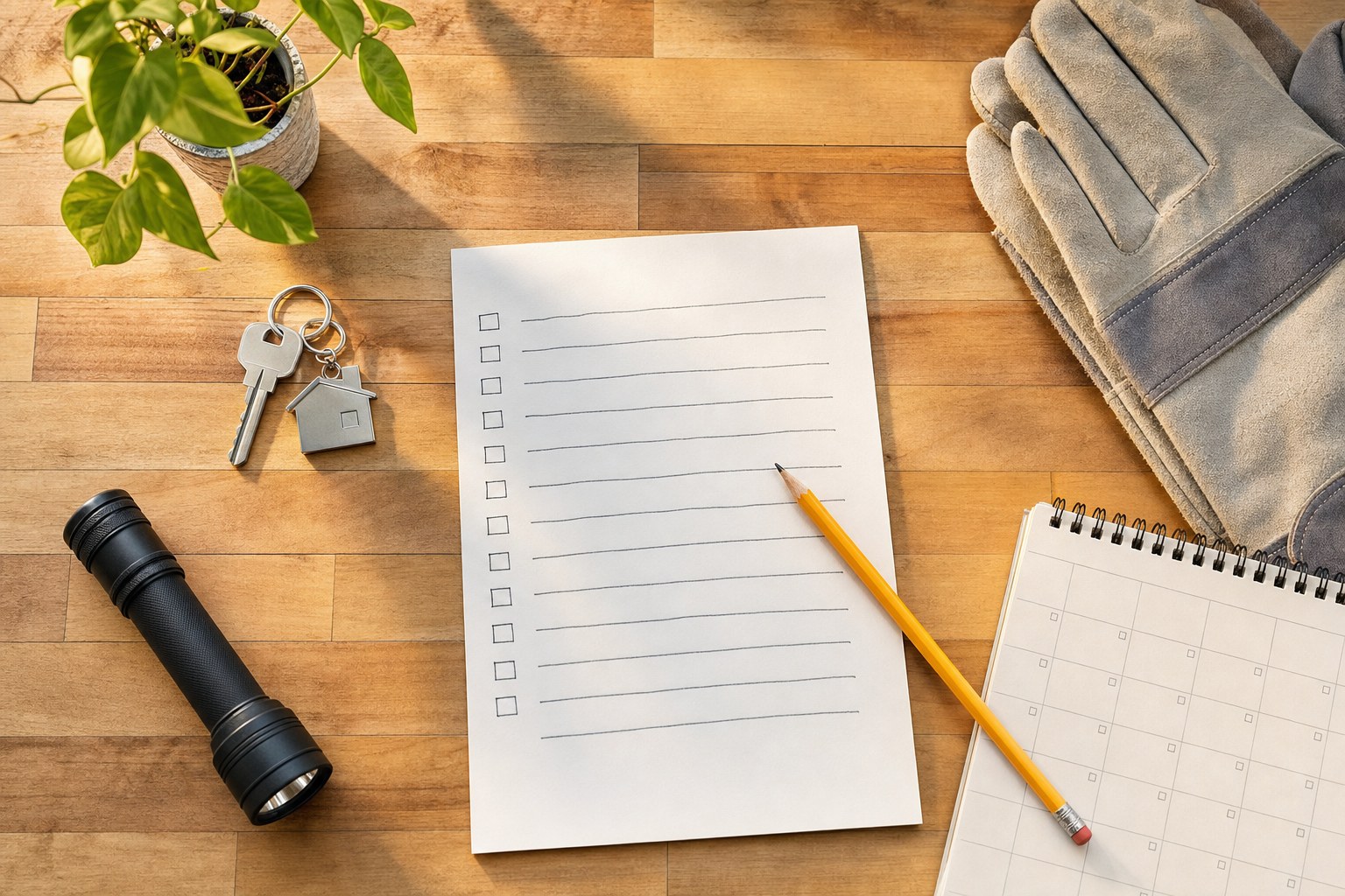 Home maintenance checklist, house keys, flashlight, and work gloves on a wood table