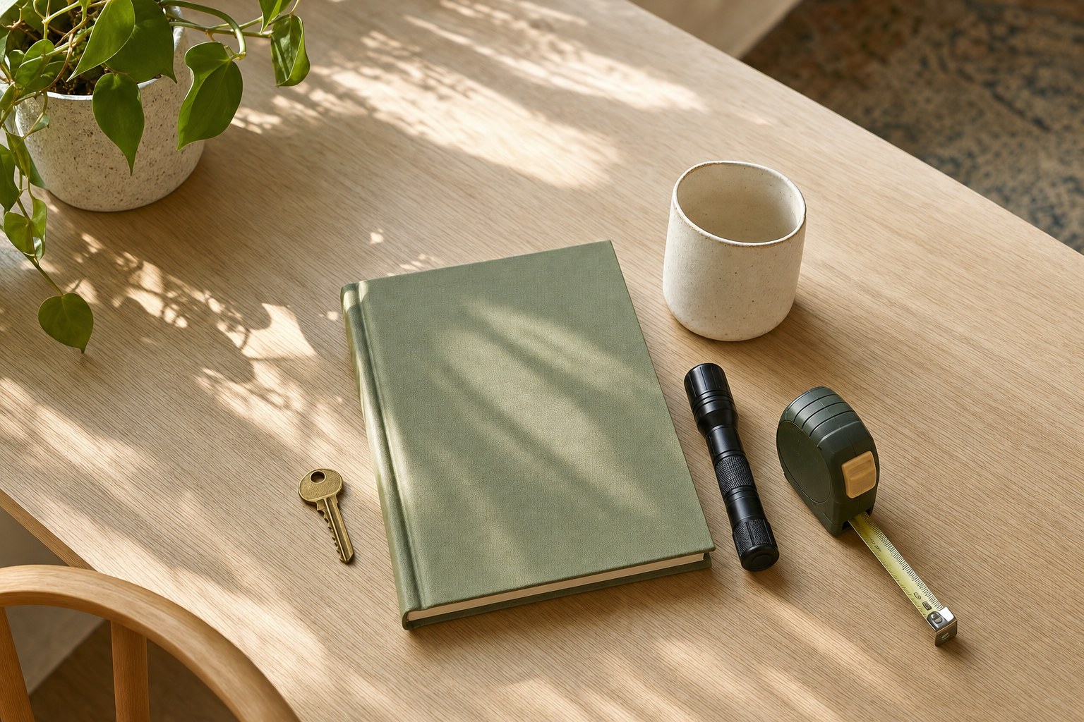 Home maintenance notebook, key, flashlight, and tape measure on a wood table
