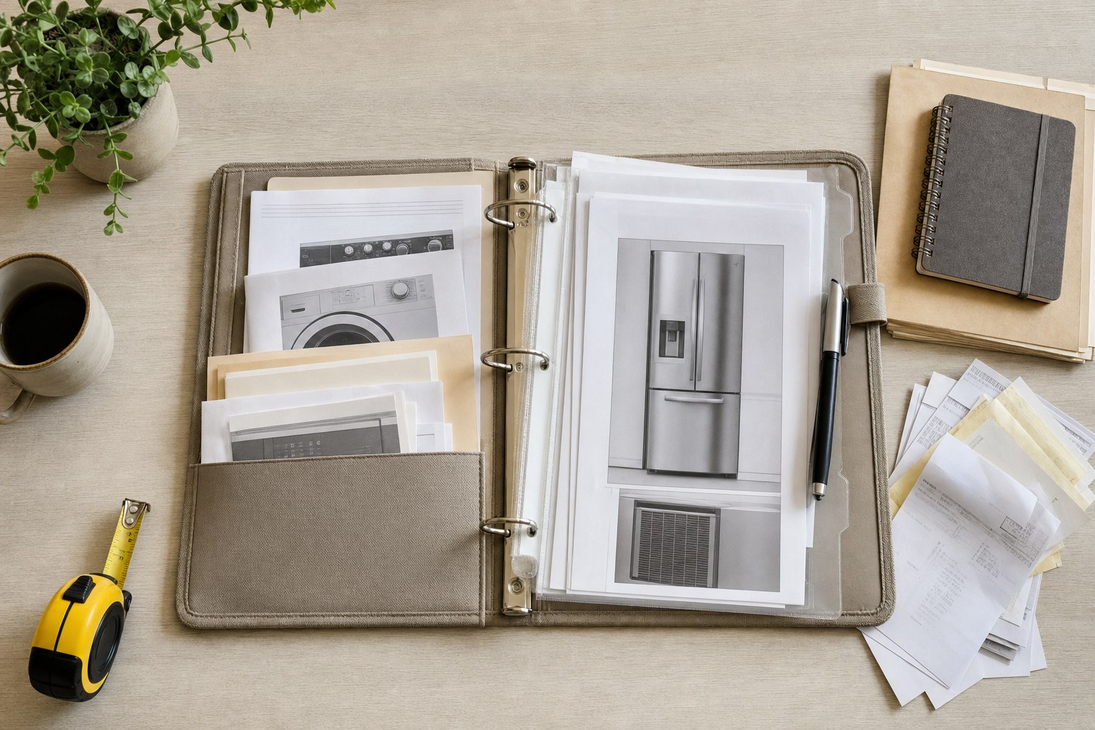 Home records with appliance manuals, receipts, tape measure, and pen