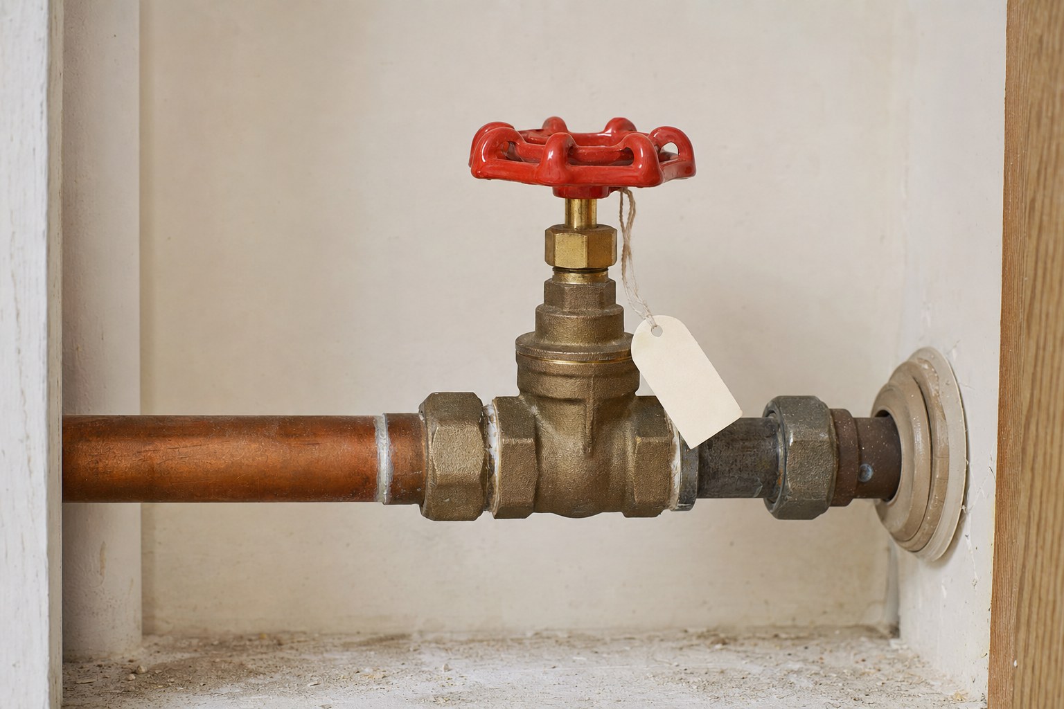 Residential main water shutoff valve in a utility space