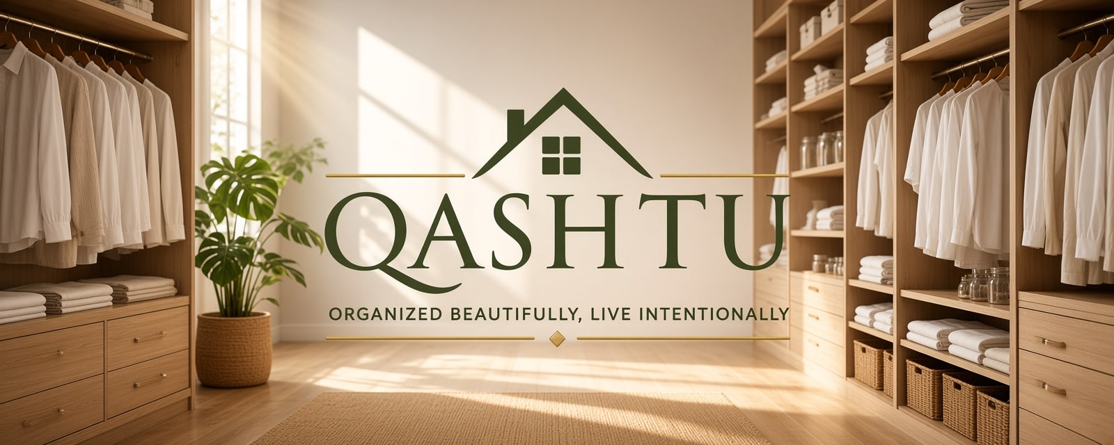 Sunlit organized wardrobe with the QASHTU mark