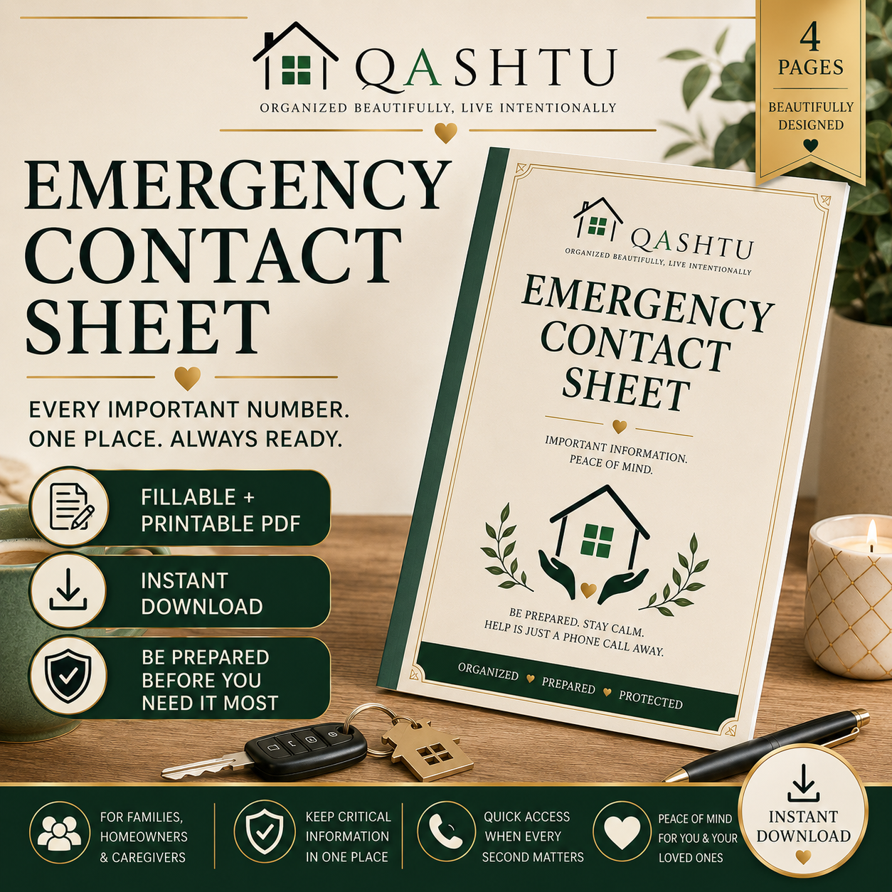 QASHTU Emergency Contact Sheet for household contacts, home services, and safety details