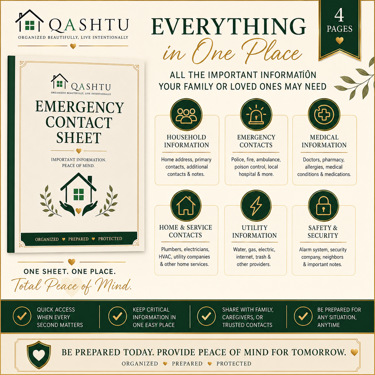 QASHTU Emergency Contact Sheet pages showing organized sections for medical, utility, and household information