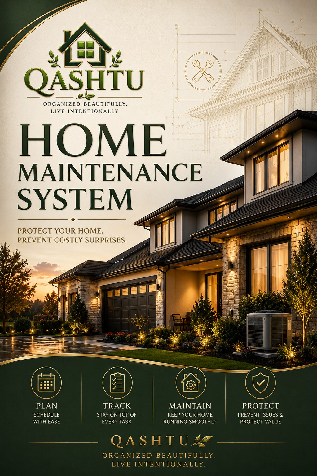 QASHTU Home Maintenance System pages for recording household care