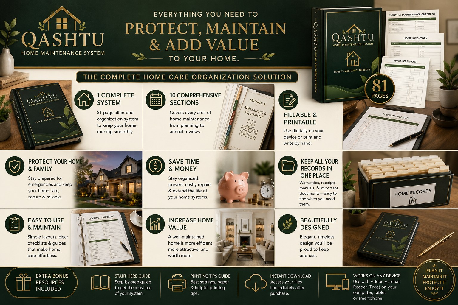 Open QASHTU Home Maintenance System pages for planning home care and keeping household records