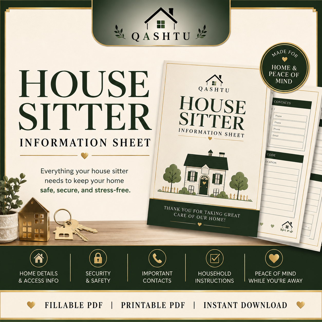 QASHTU House Sitter Information Sheet with organized home-care details