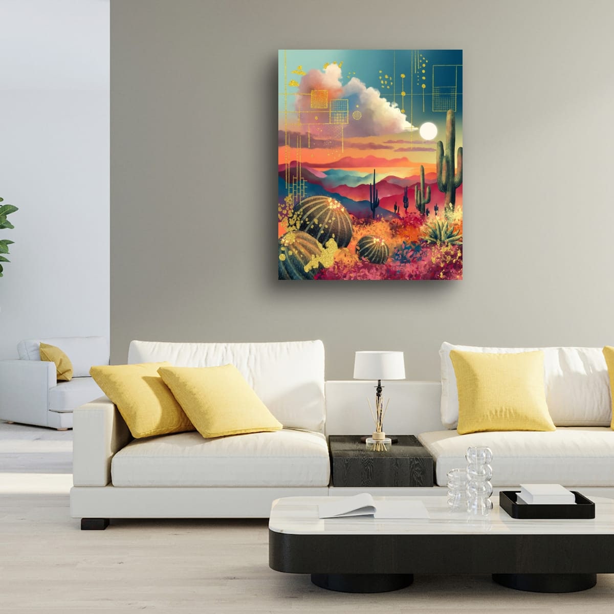 Colorful artwork above two white sofas in a living room
