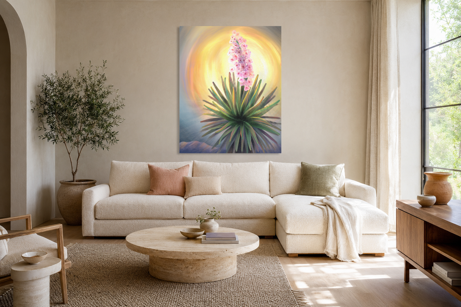 Living room with Becoming Radiant artwork shown above the sofa