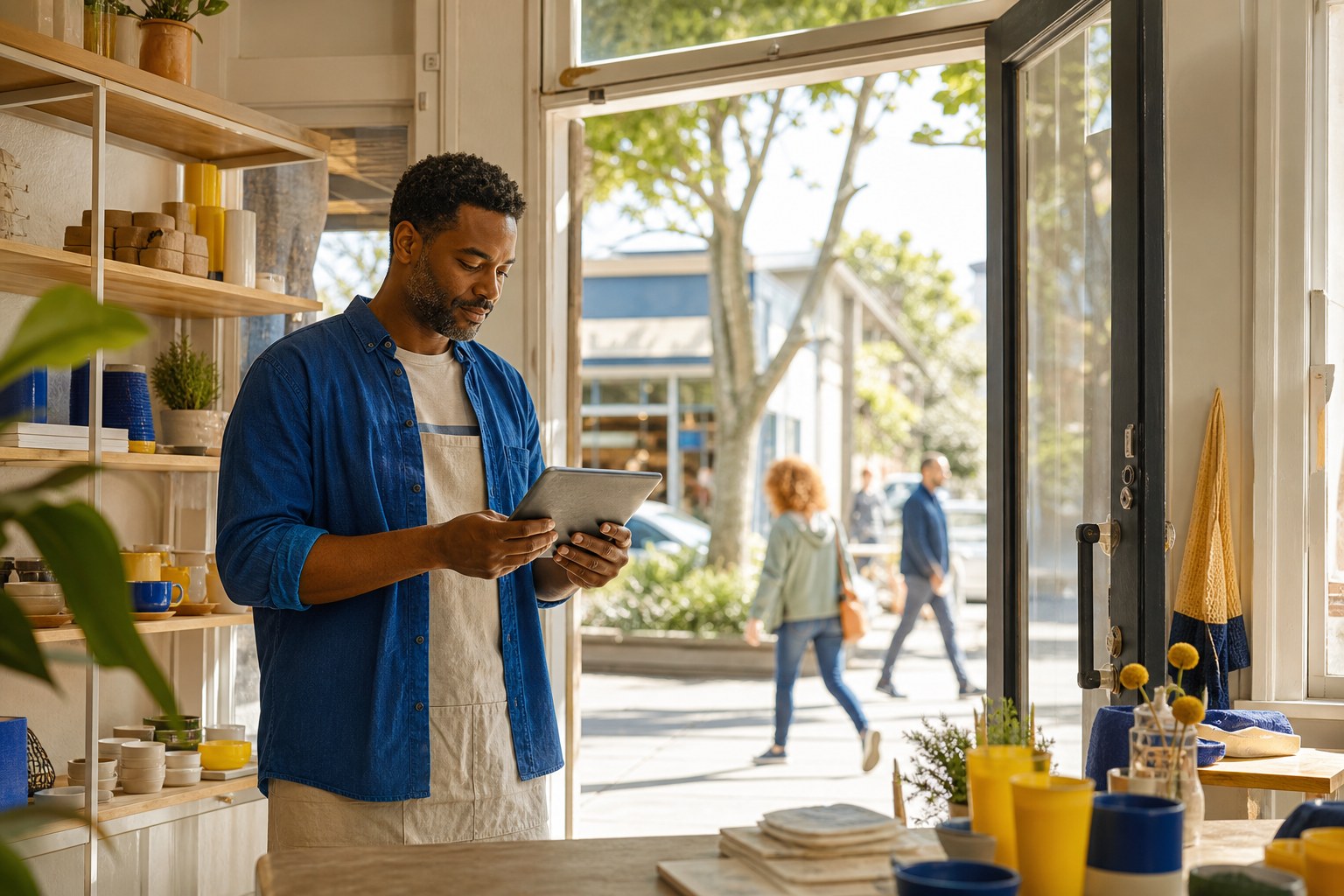 Independent shop owner reviewing a tablet in a neighborhood storefront