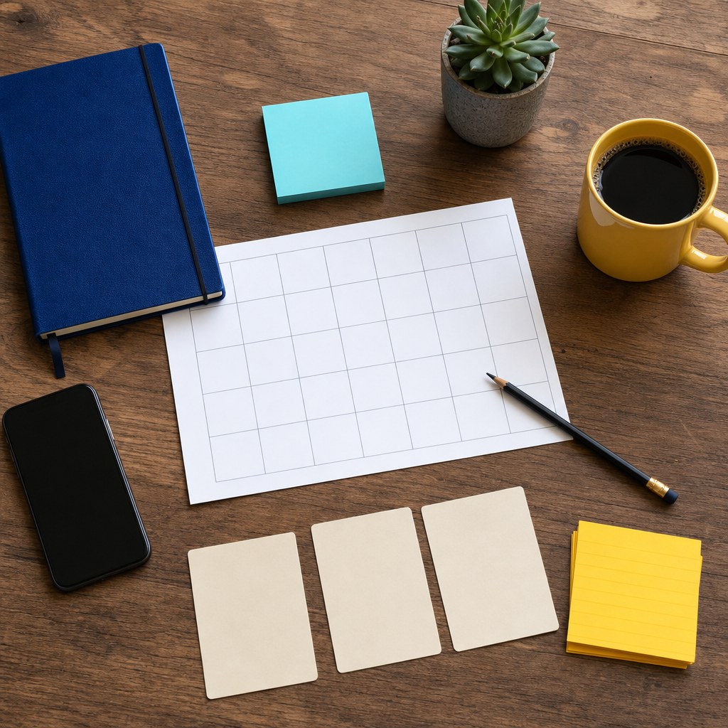 Simple local marketing plan laid out on a worktable