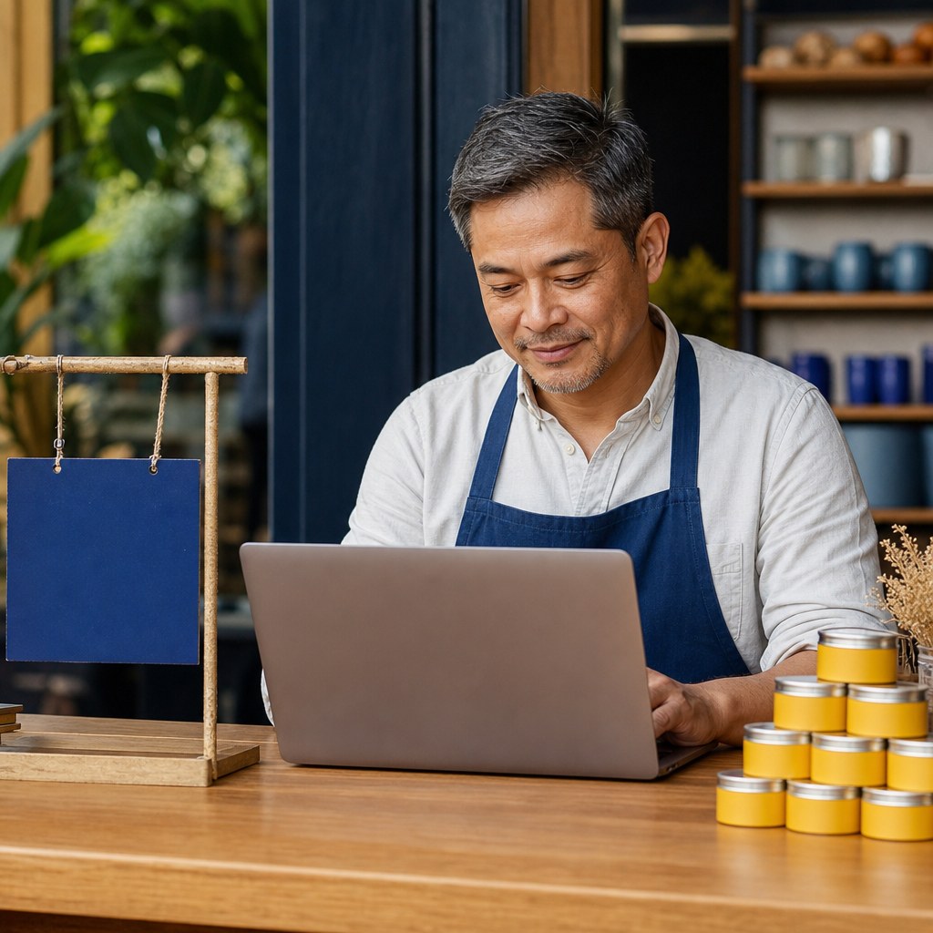 Independent business owner organizing details at a shop counter