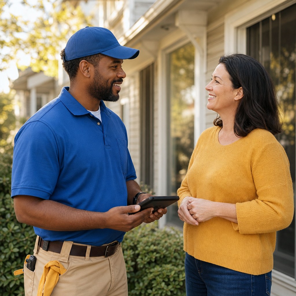 Local service provider speaking with a customer after an appointment