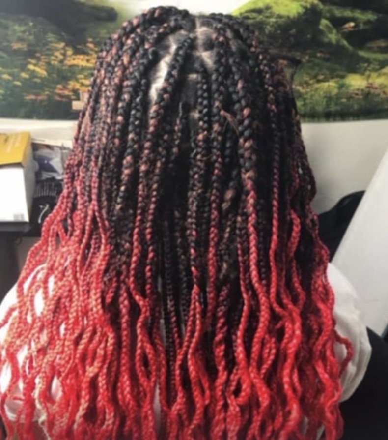 Finished long braids with rich red color