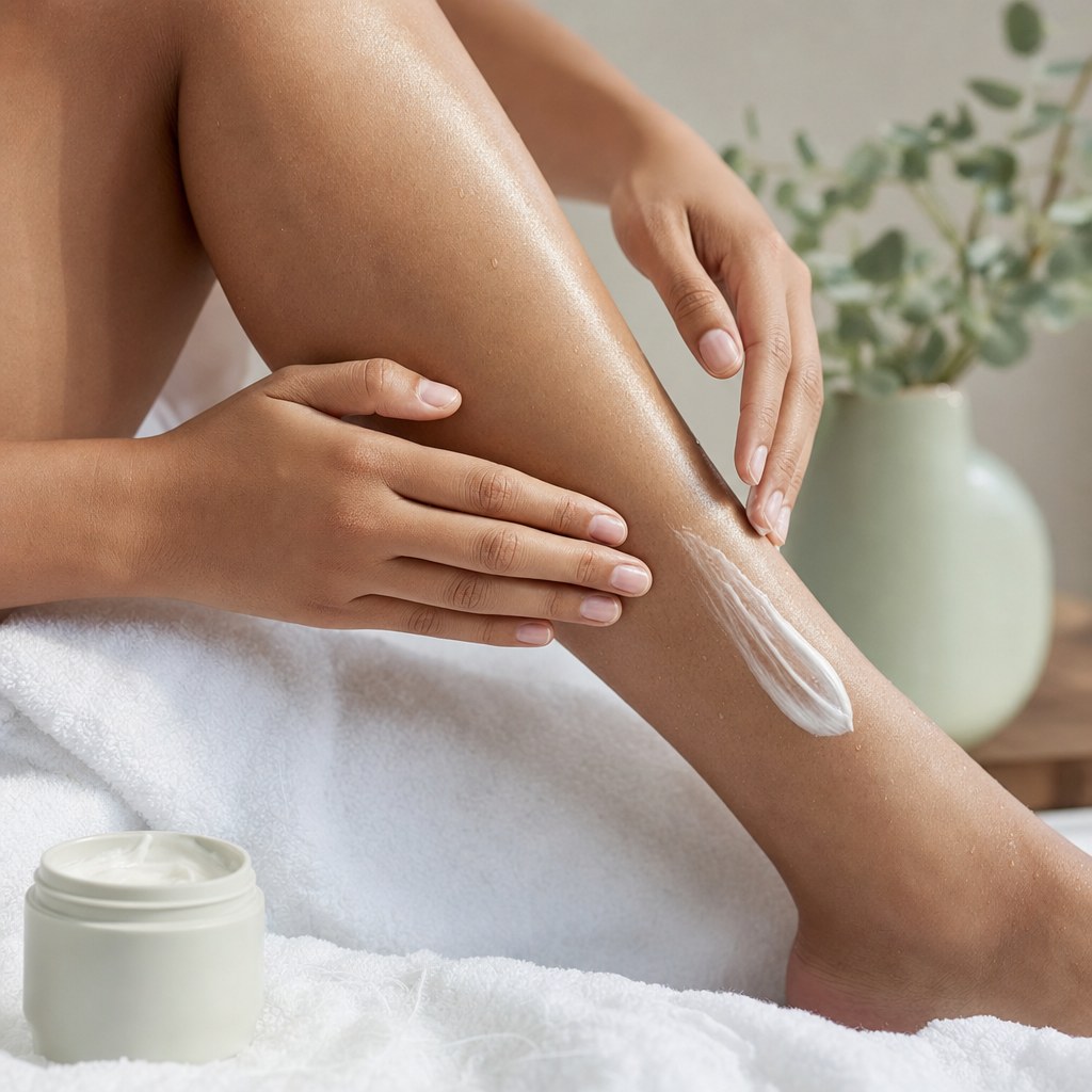 Moisturizer being smoothed onto a damp lower leg after bathing