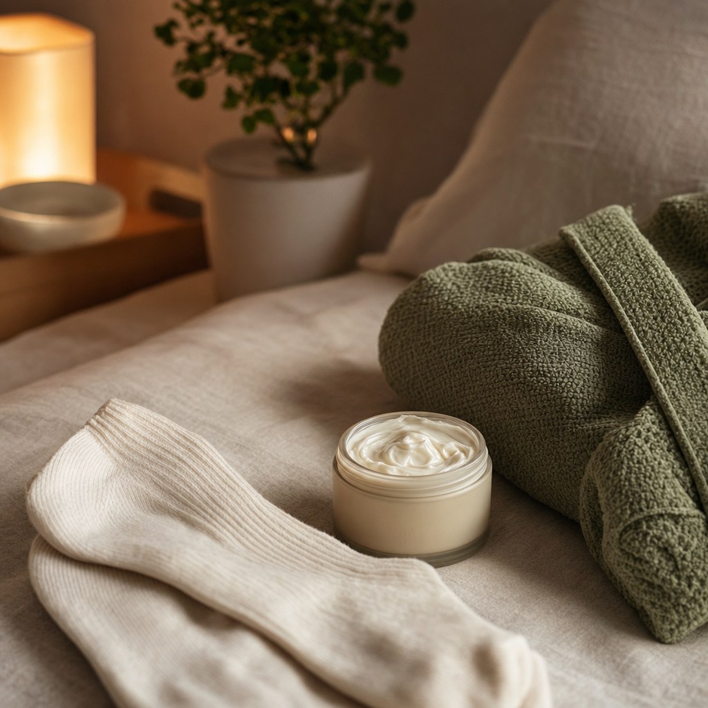 Cotton socks and a jar of body cream arranged for nighttime dry skin care