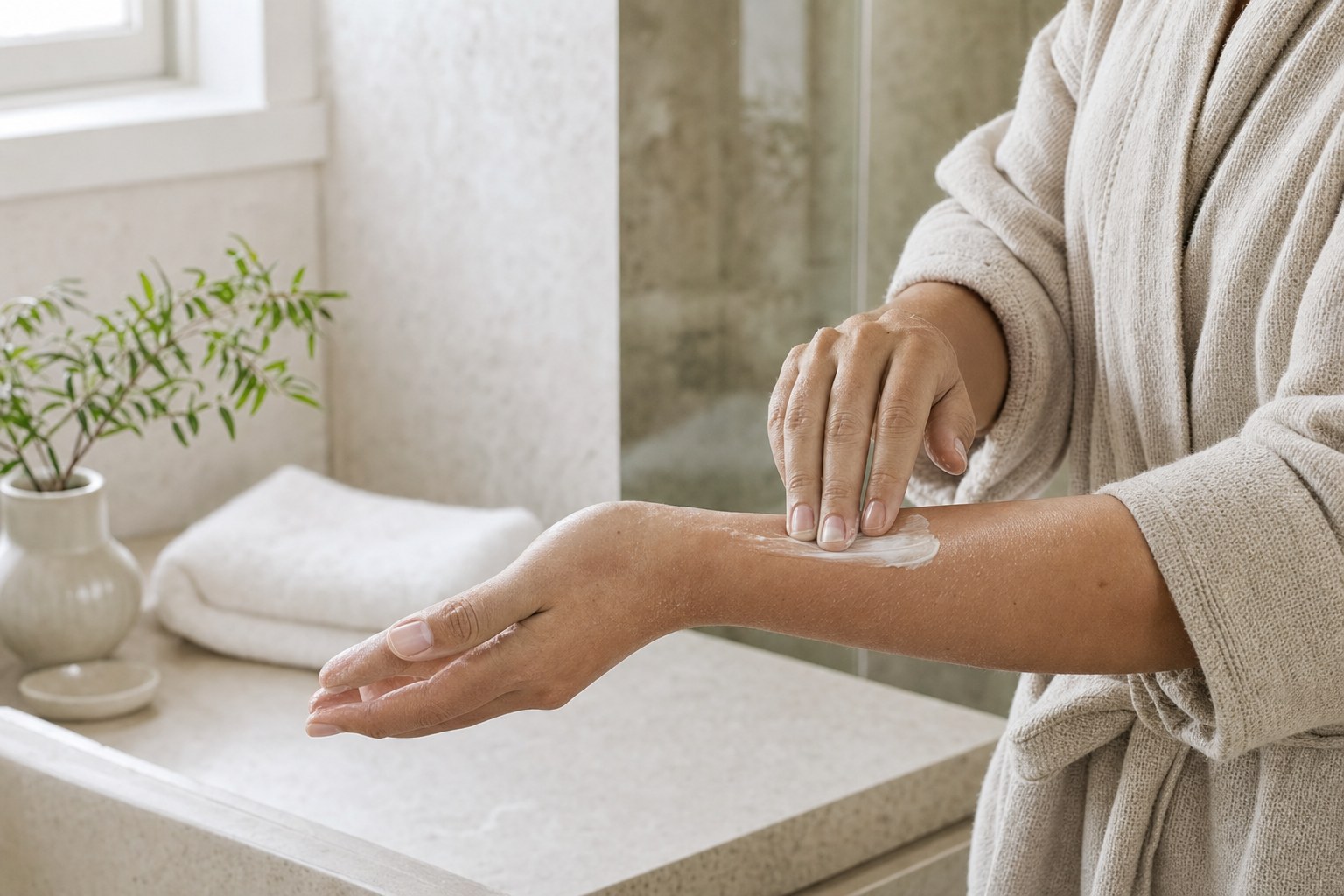 Applying body cream to dry skin after a shower