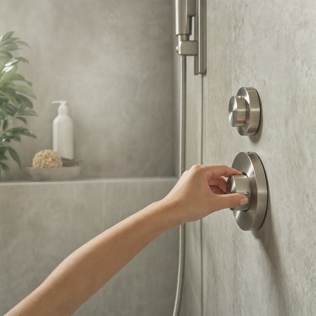 Hand adjusting a shower control in a softly lit bathroom