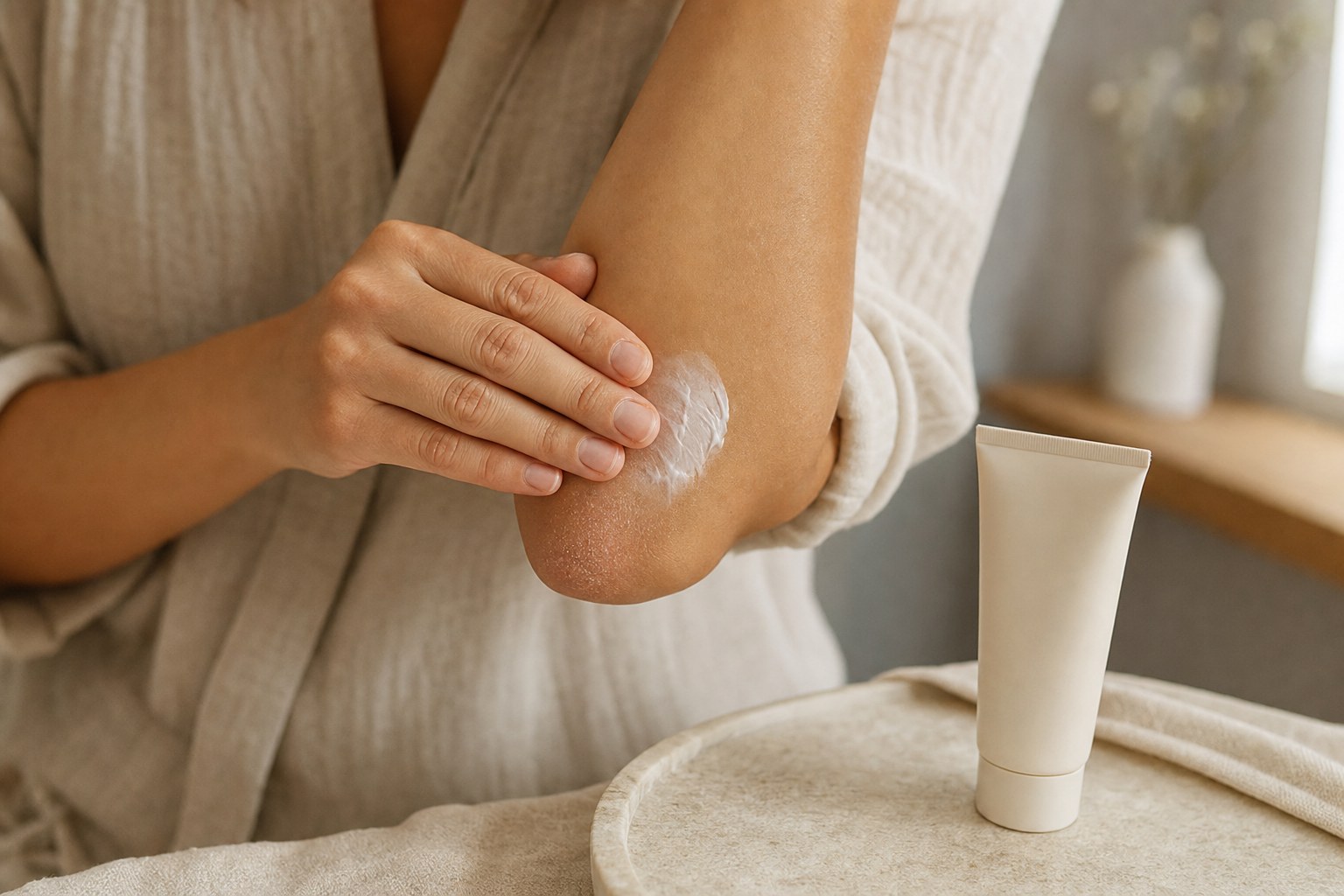 Body cream being gently smoothed onto a dry elbow