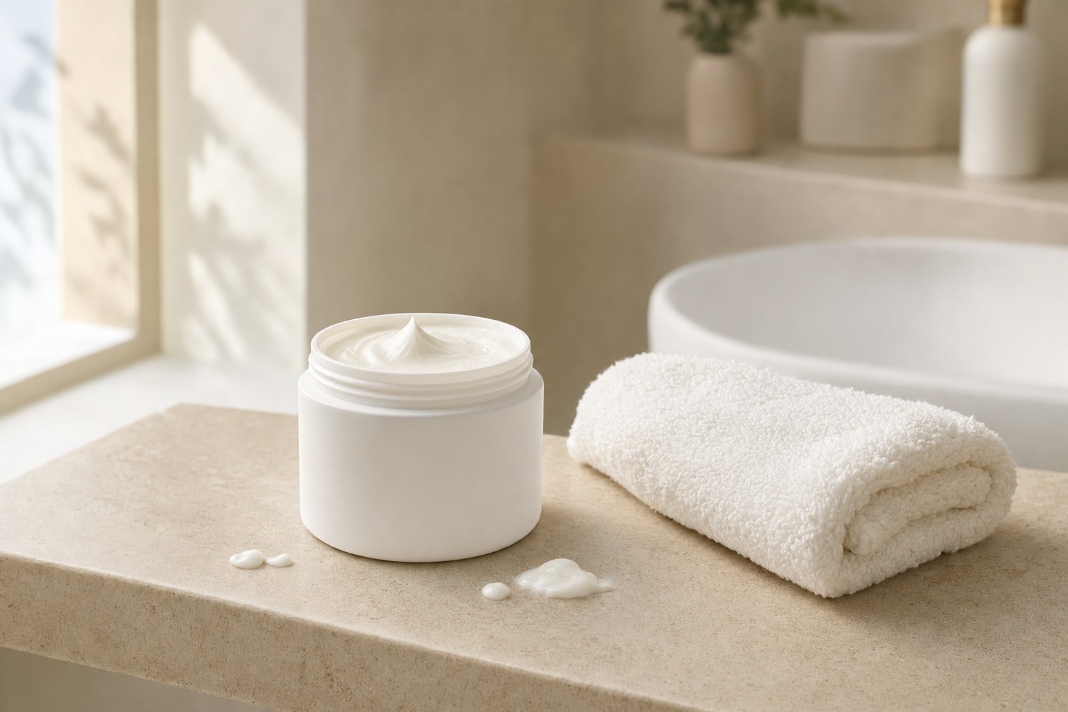 Unlabeled body cream jar and folded white towel on a bathroom counter