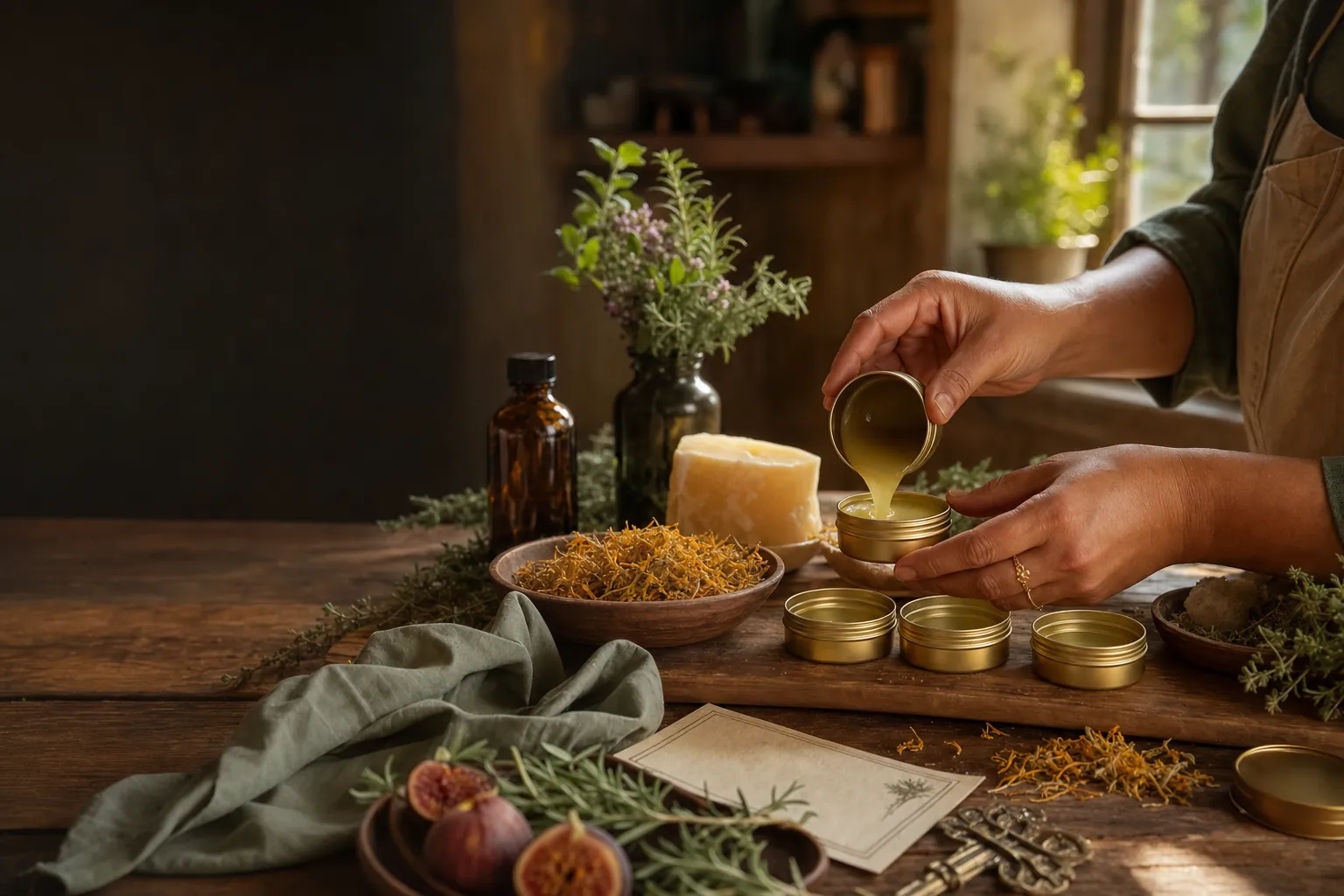Hands preparing herbal salves with dried herbs and gold tins
