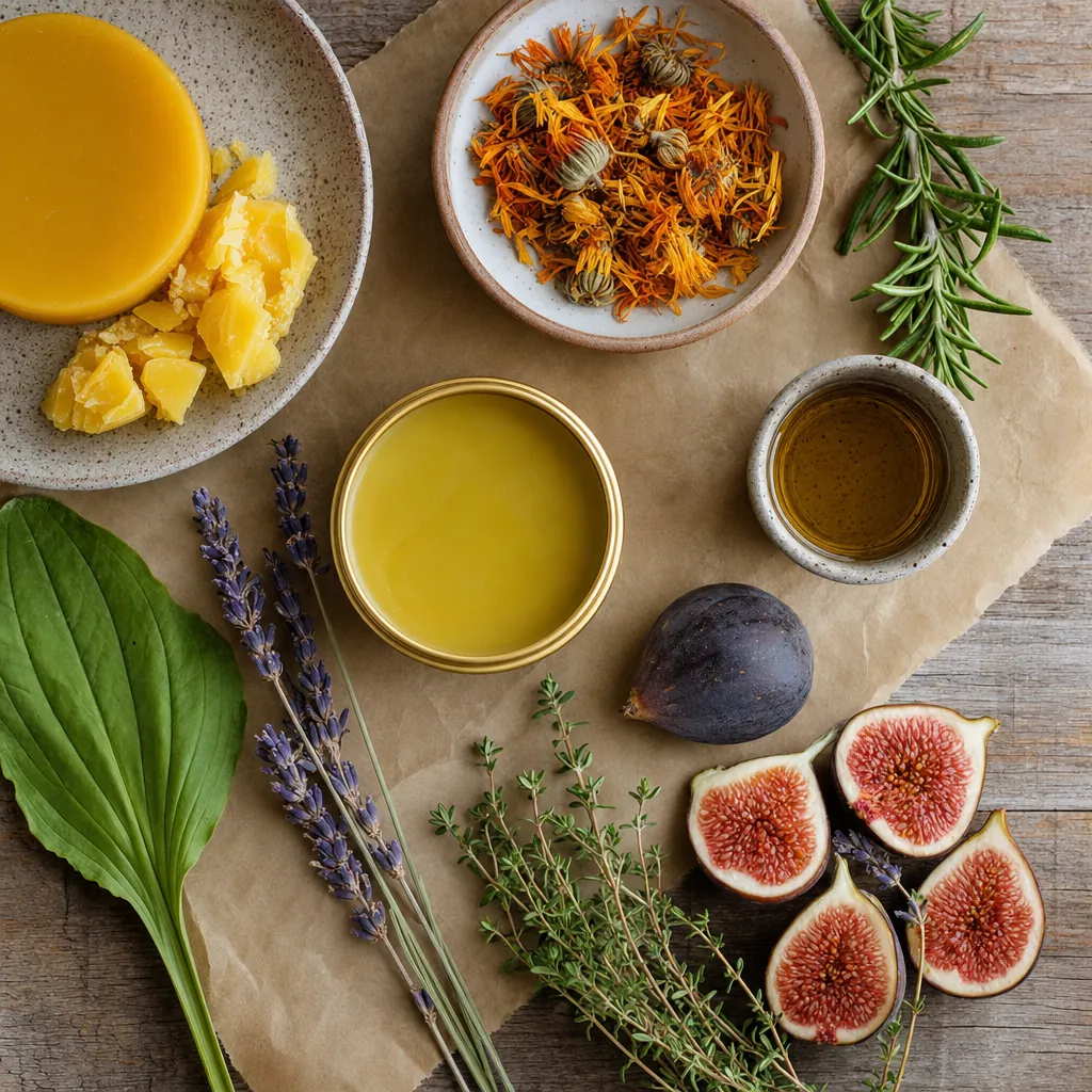 Botanical ingredients arranged around a gold salve tin