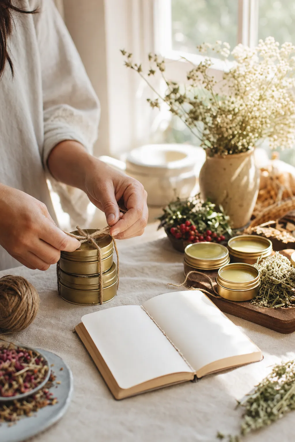 Hands tying twine around a small batch of salve tins