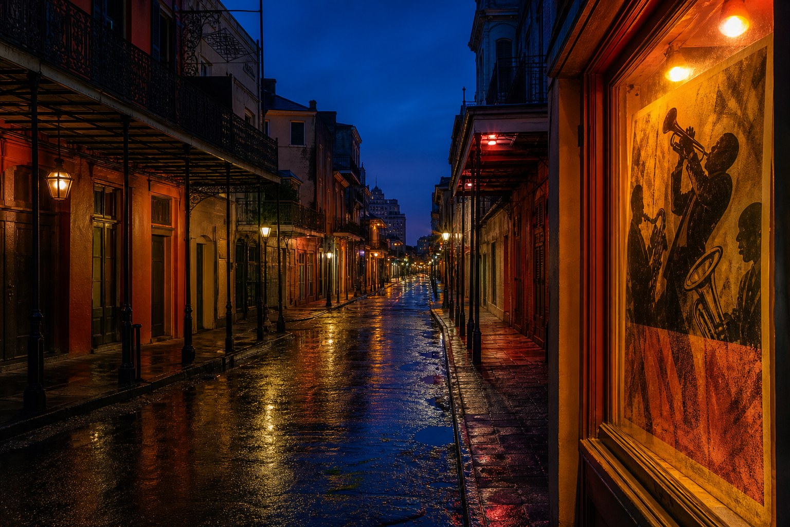Rainy French Quarter street at blue hour with a jazz mural glowing in a storefront