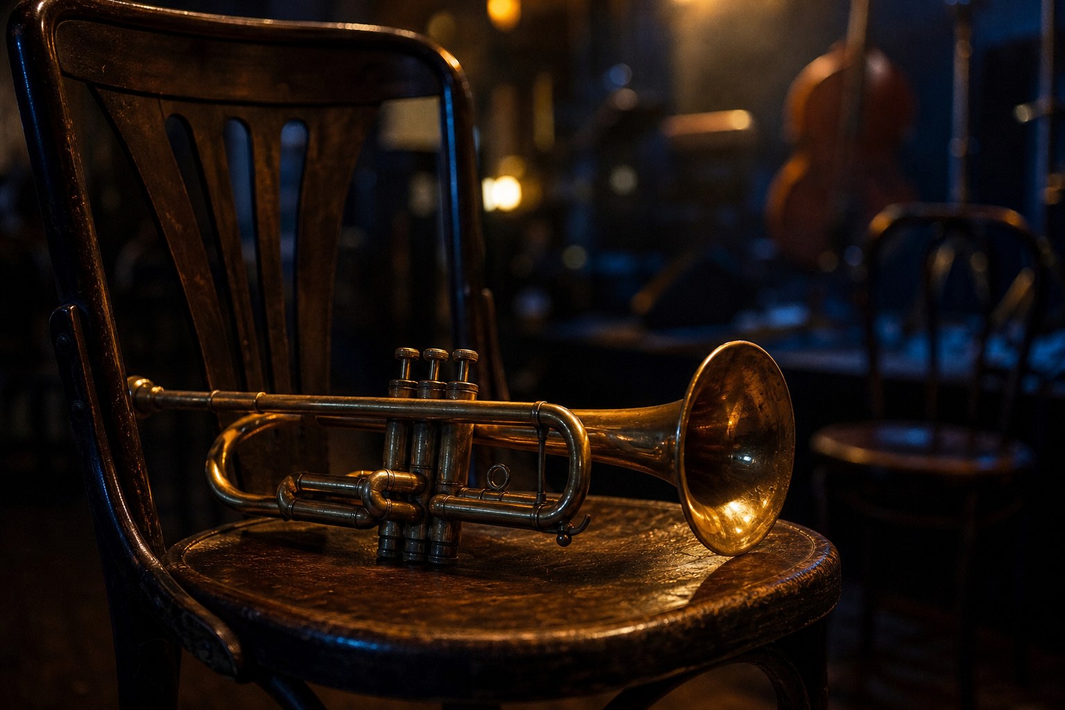 Vintage trumpet resting on a wooden chair in a dim music hall