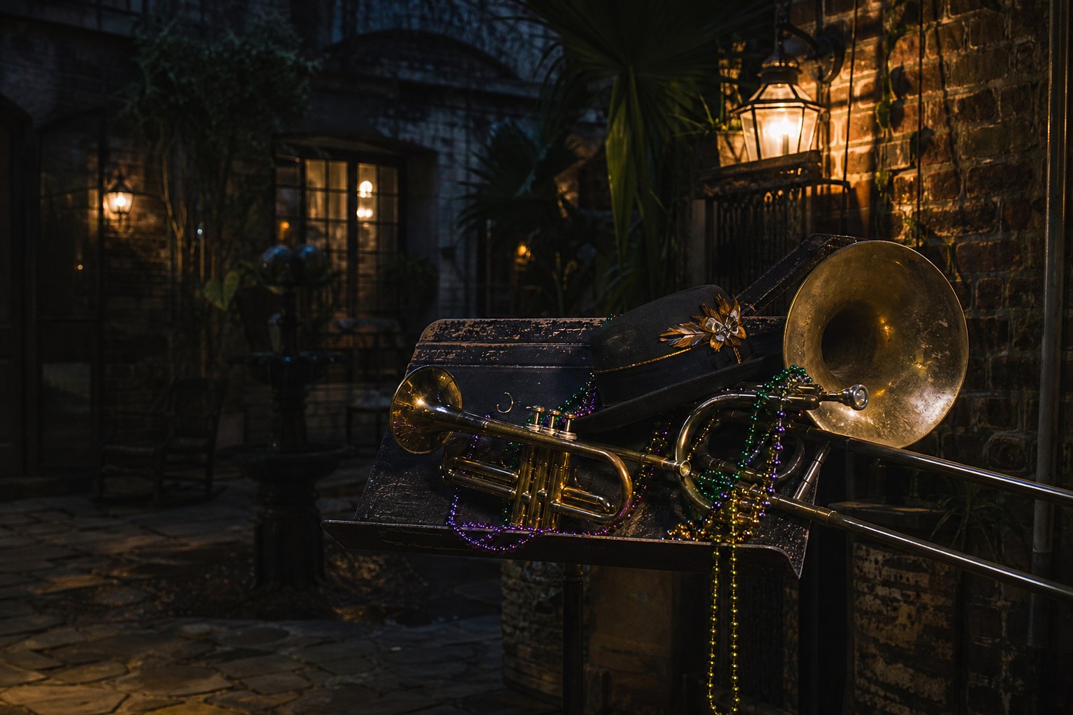 Brass instruments and parade beads on a music stand in a New Orleans courtyard