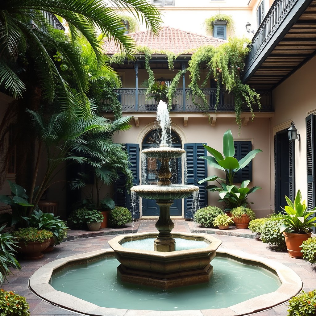 Lush New Orleans courtyard with fountain