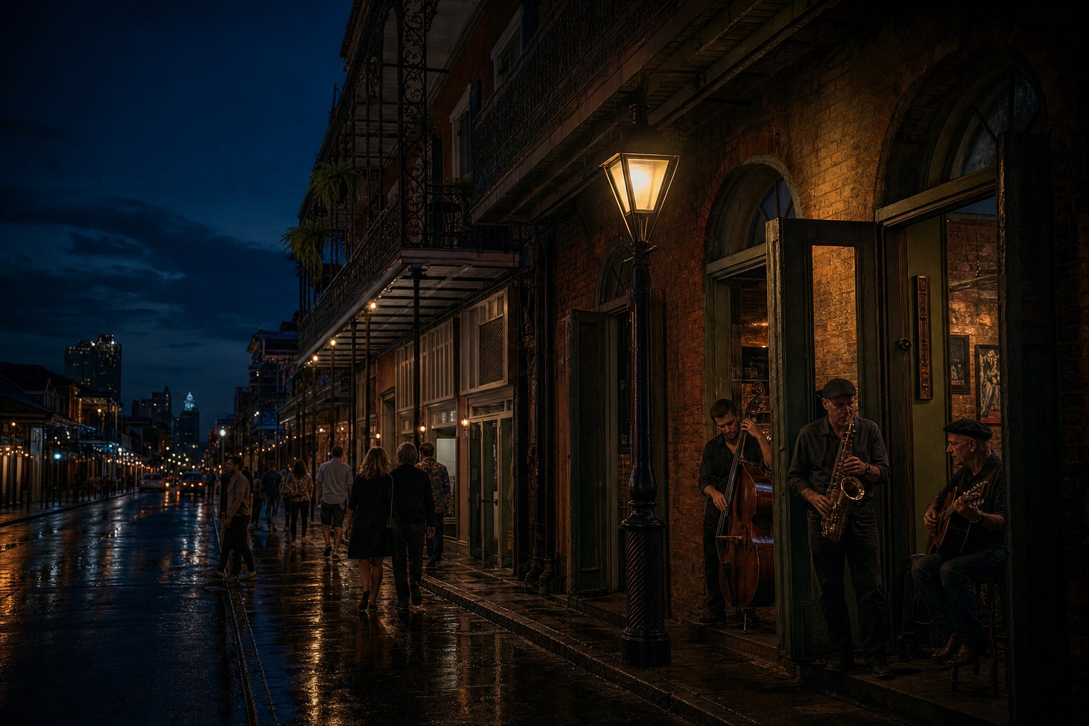 Frenchmen Street at night with live jazz