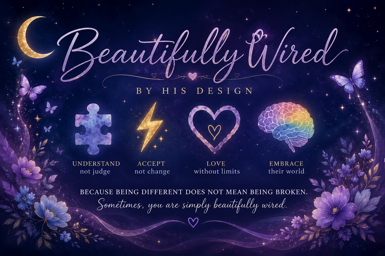 Beautifully Wired artwork with the message understand, accept, love, and embrace their world