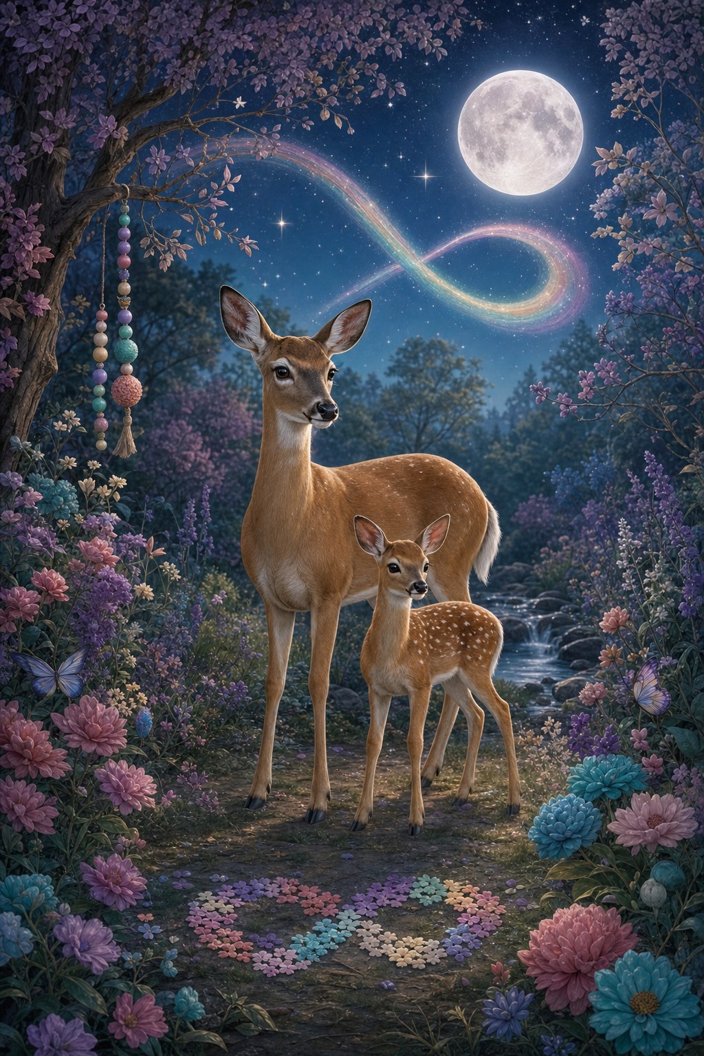 A doe and fawn in a moonlit wildflower woodland