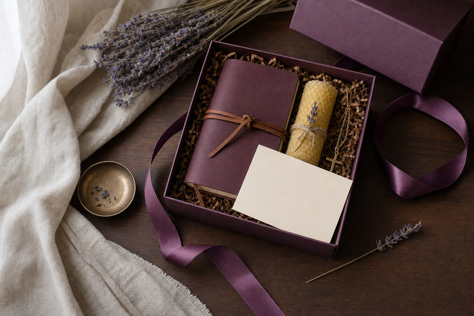 Handmade Christian girlfriend gift with a journal, beeswax candle, cross necklace, dried lavender, and blank note card